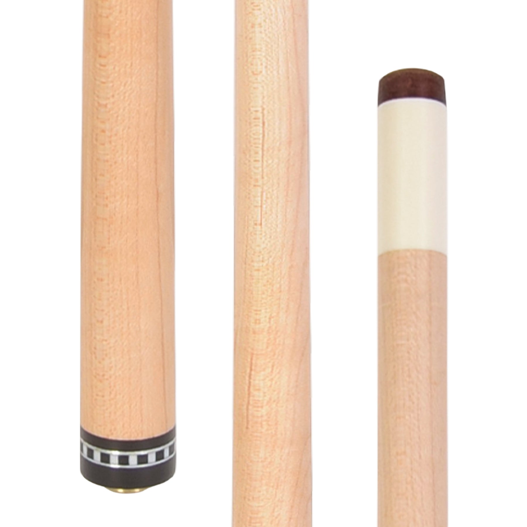Multiple views of the cue shaft, showing the natural wood grain.