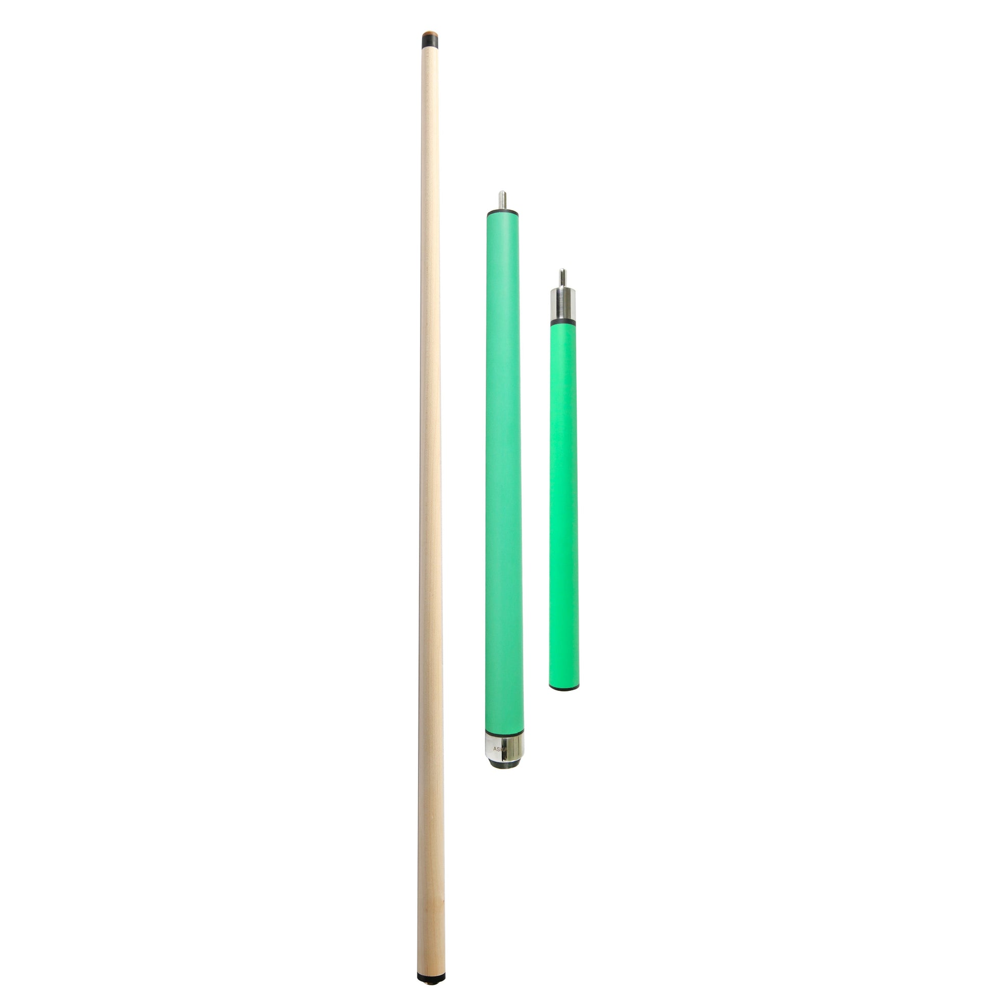 Three-piece jump break cue with light wood shaft and green butt sections displayed.