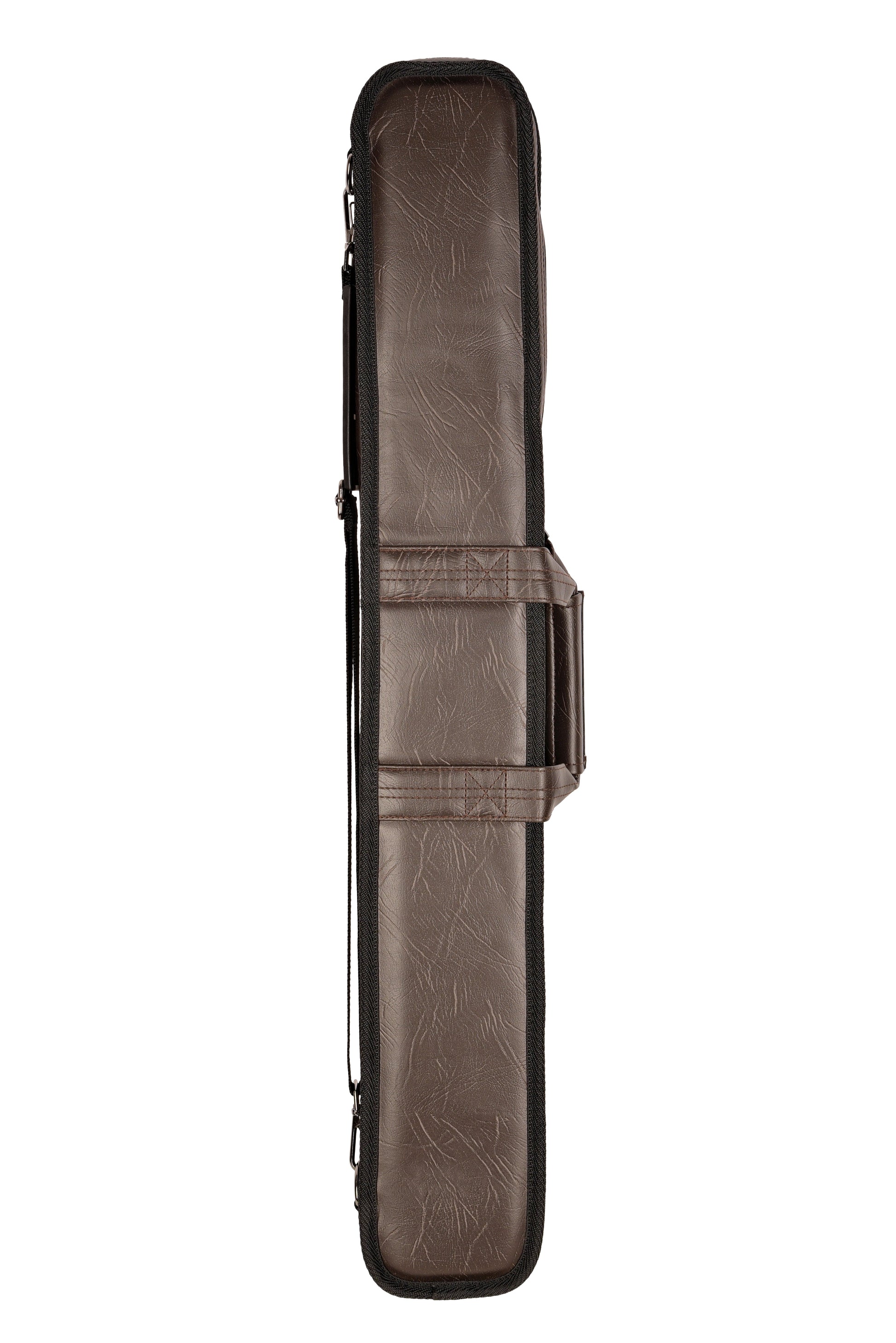 Brown billiard case with padded handle, rear view.