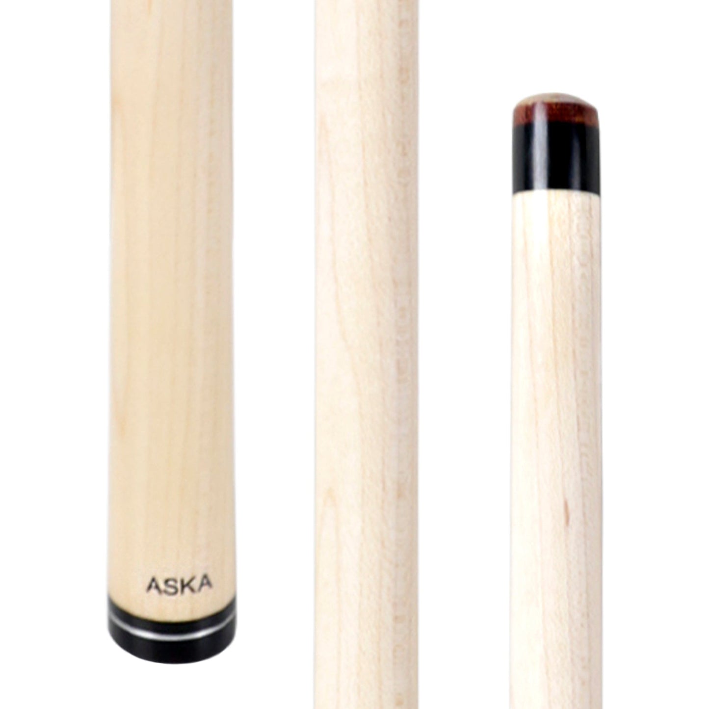 Close-up views of the cue shaft showing the brand and tip detail.