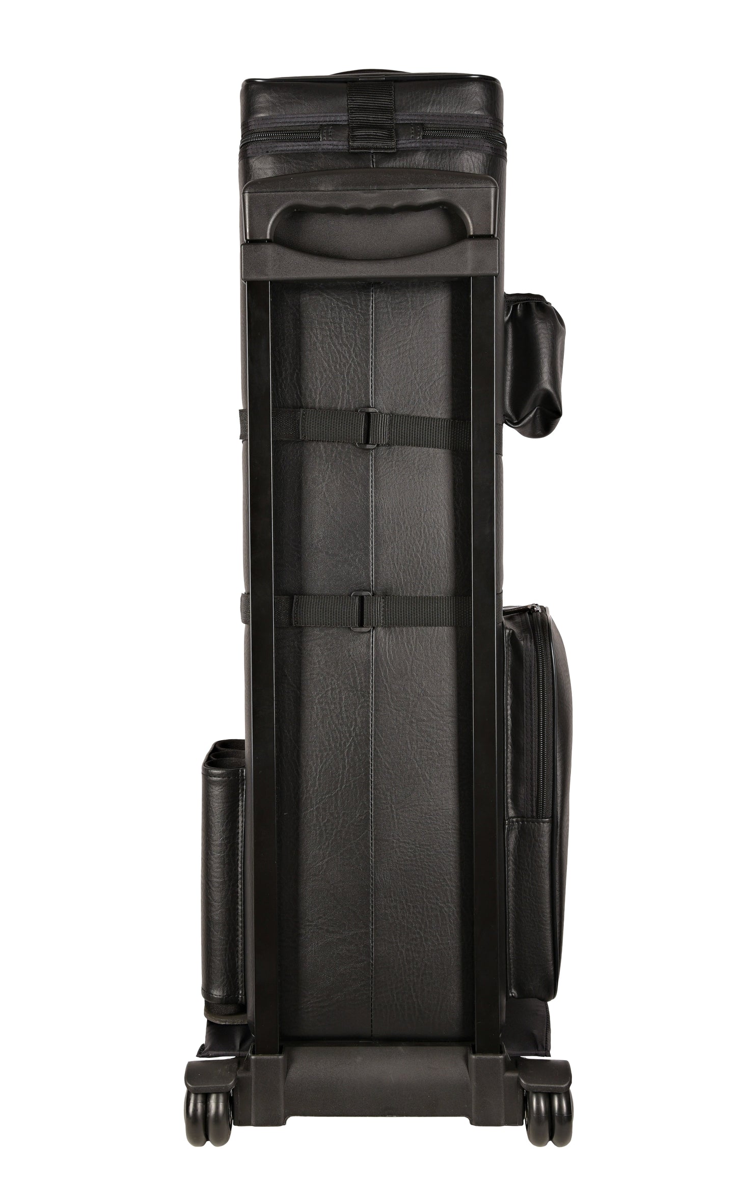 Rear view of cue case showing wheels and frame structure