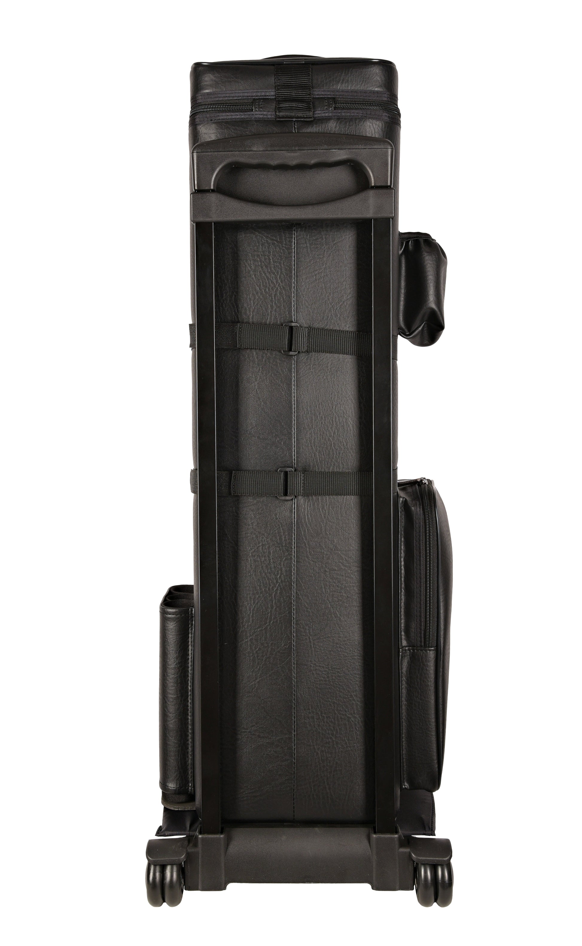 Rear view of cue case showing wheels and frame structure