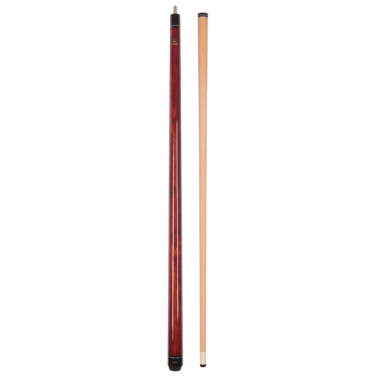 LECN pool cue stick and shaft with burgundy wood finish.