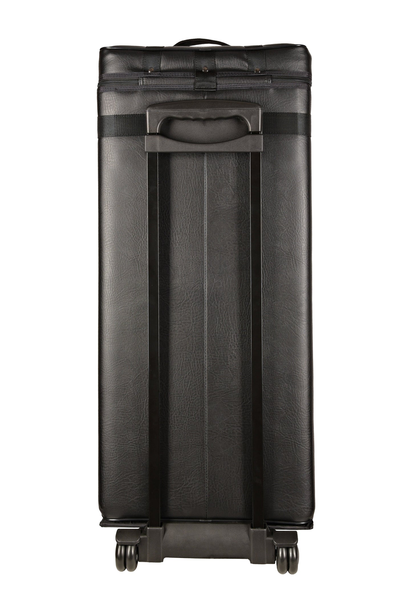Rear view of cue case showing handle and wheels.