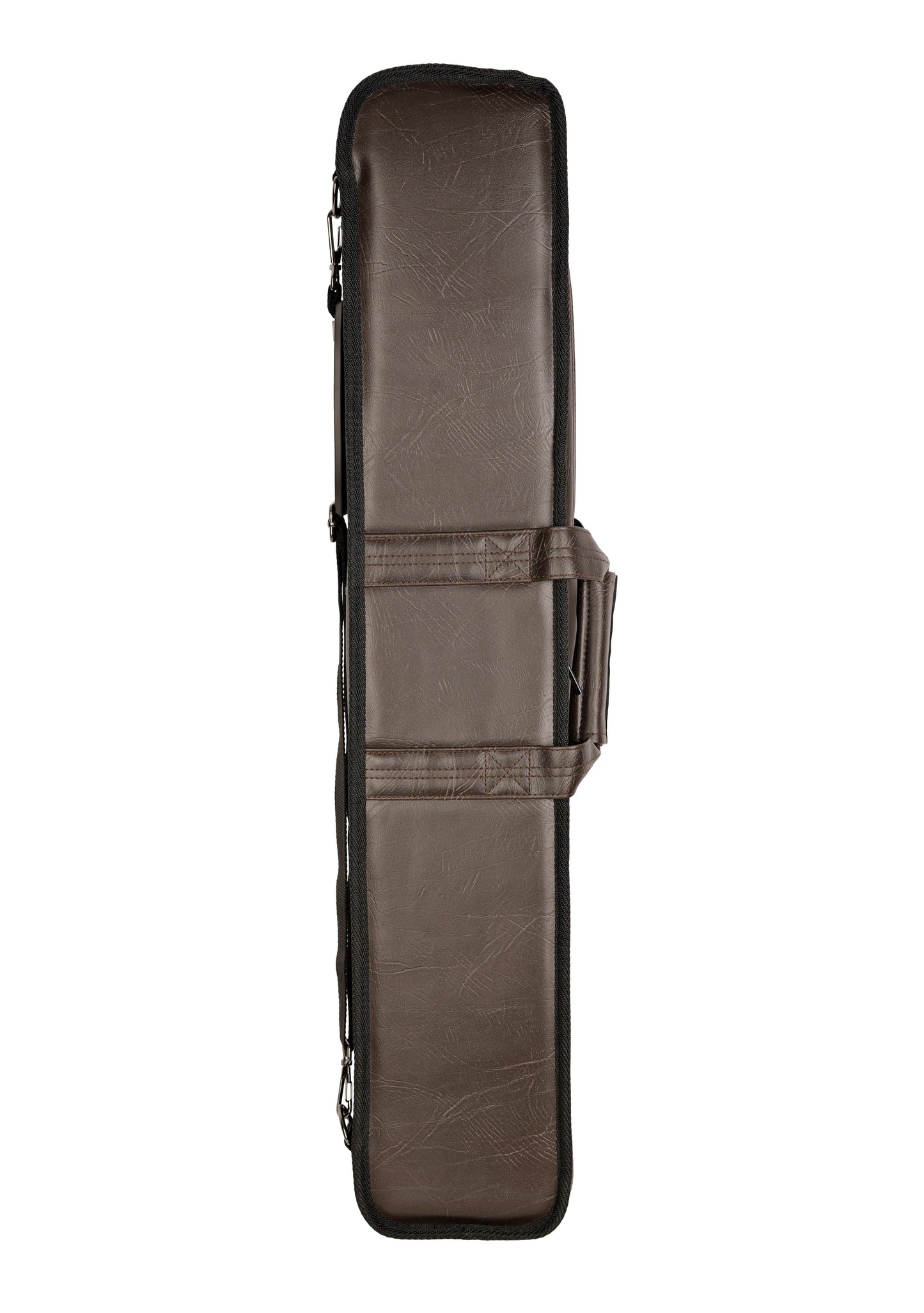 Rear view of the brown soft leatherette billiard cue case.