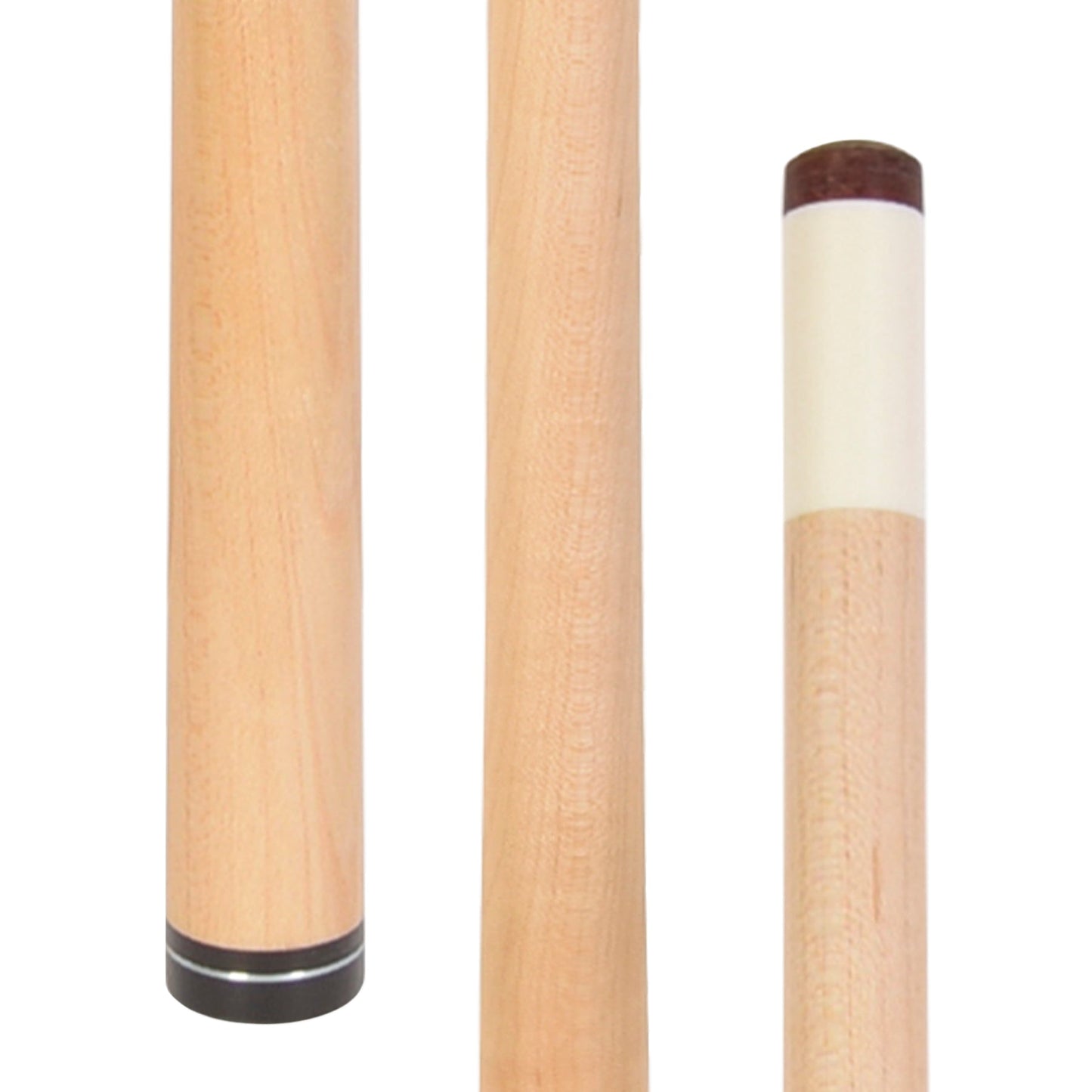 Close-up views of cue shaft, showing wood grain and ferrule.