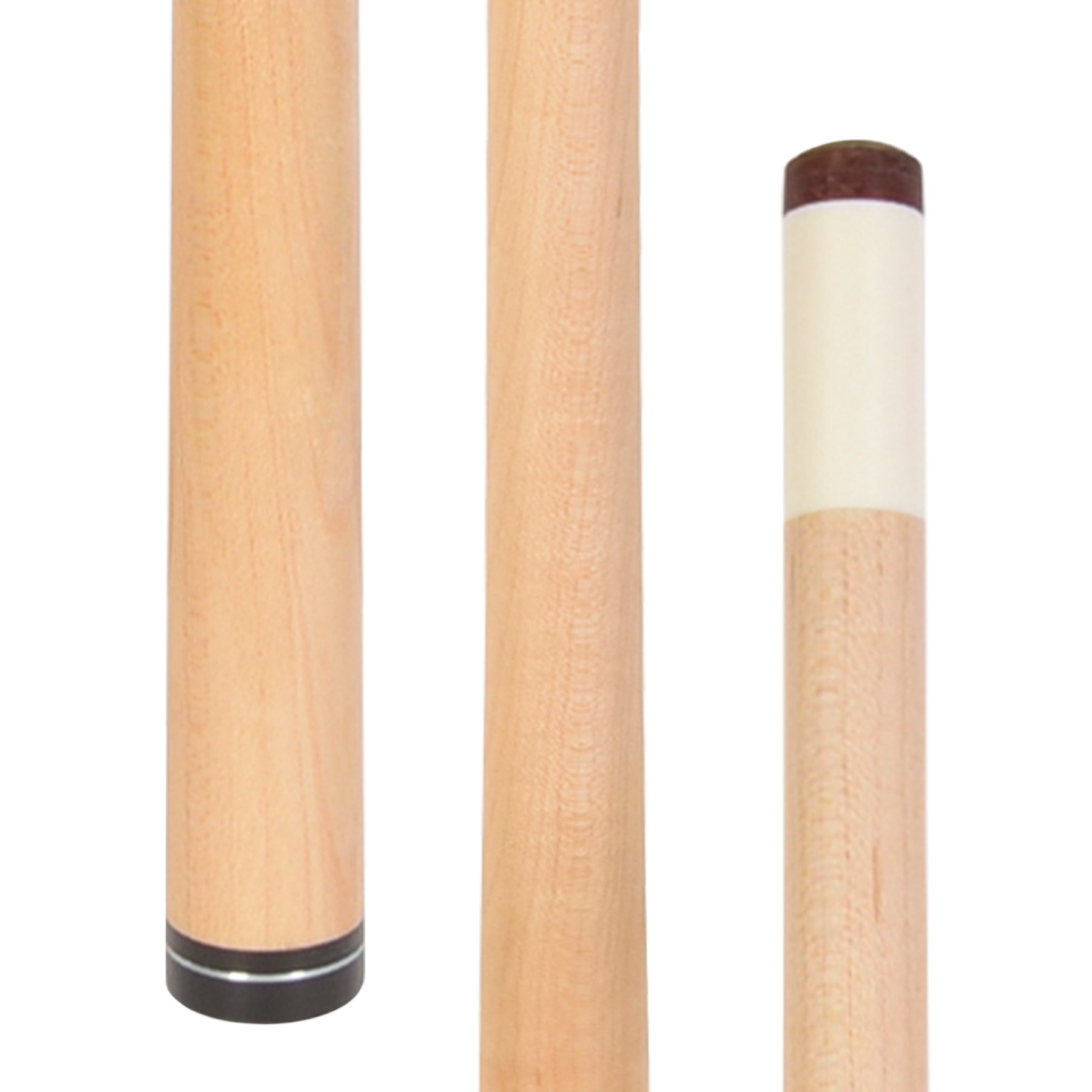 Close-up views of cue shaft, showing wood grain and ferrule.