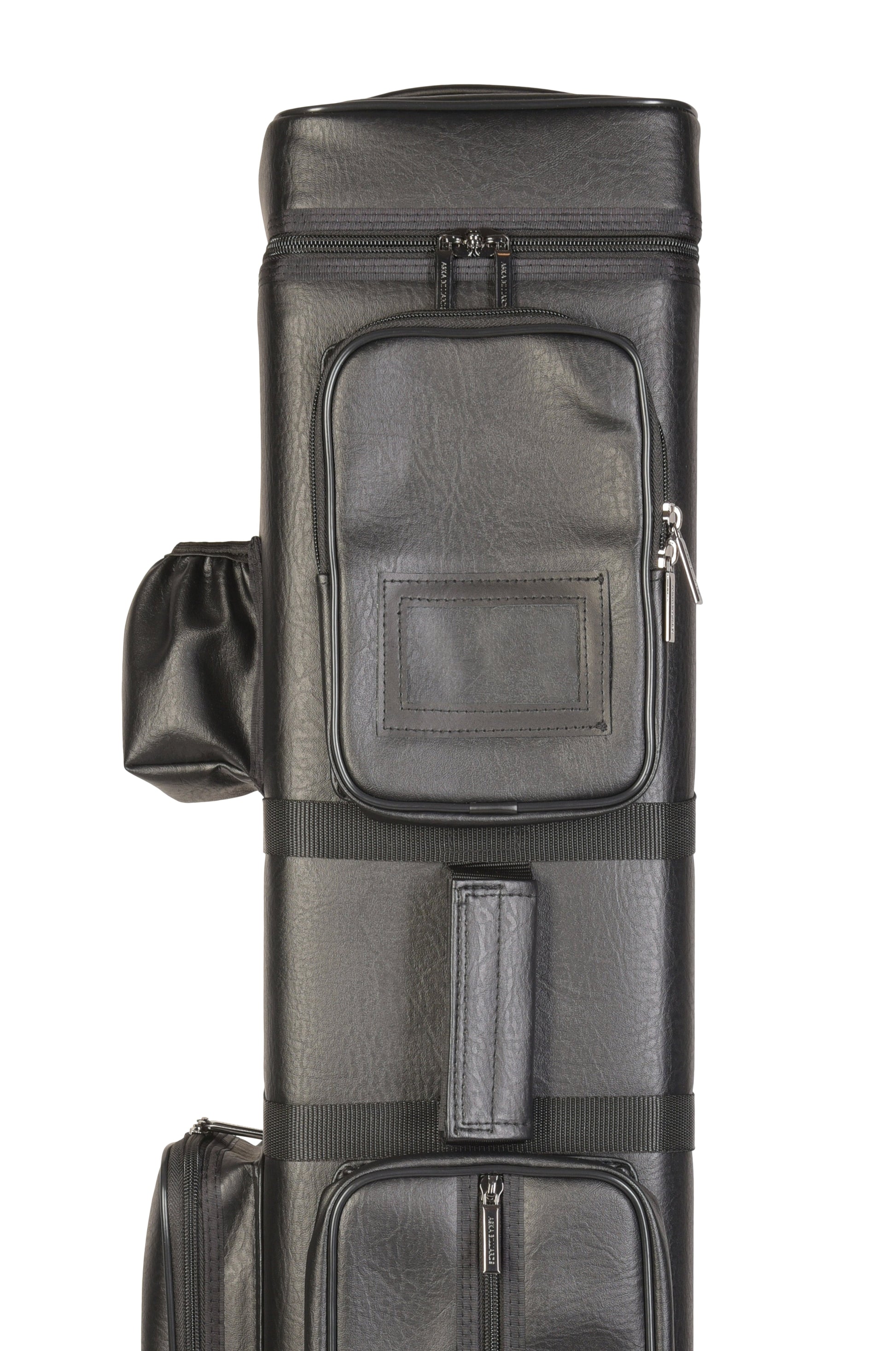 Close-up of the top section of the black billiard cue case.