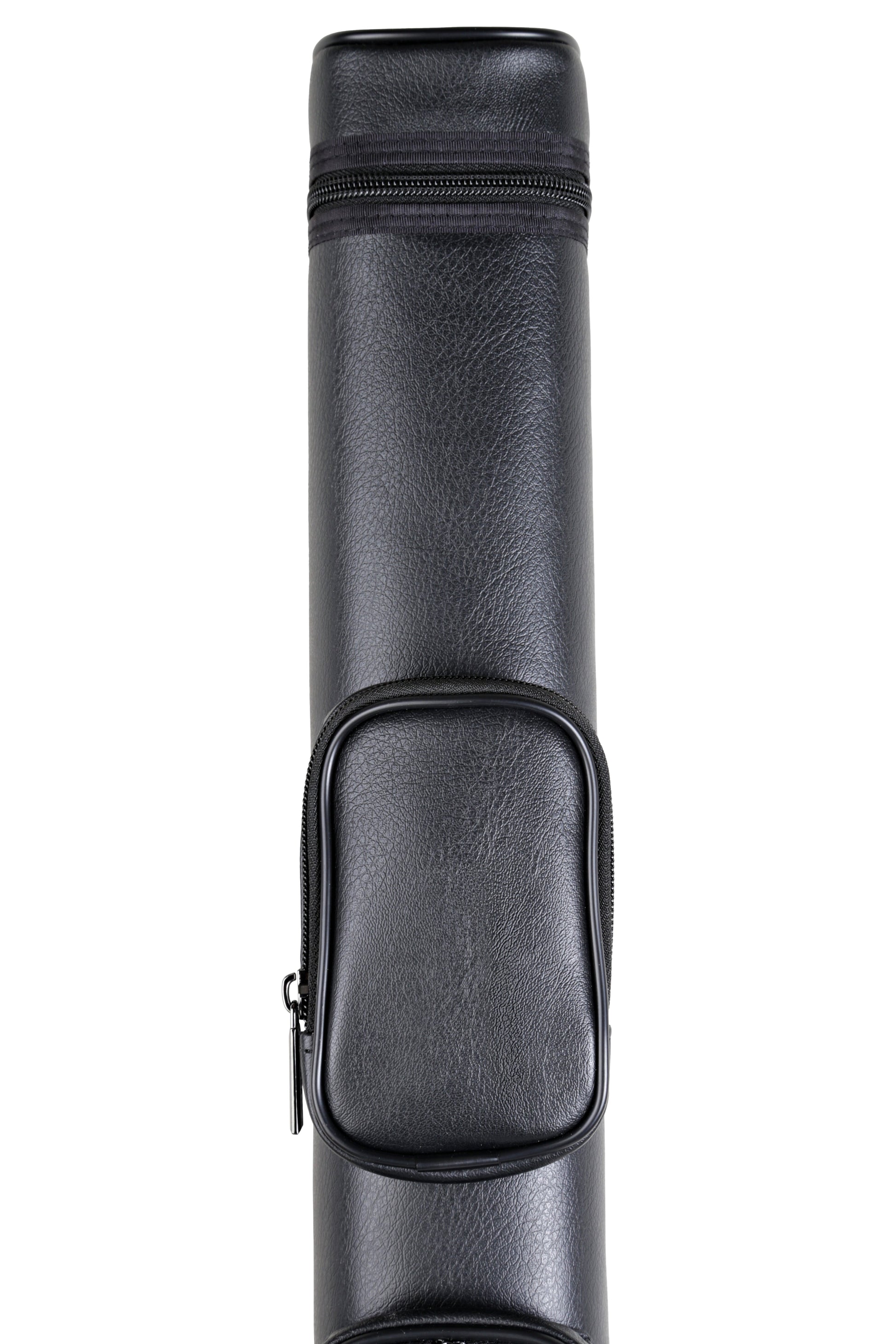Black billiard cue case with a zipped pocket on the upper half.
