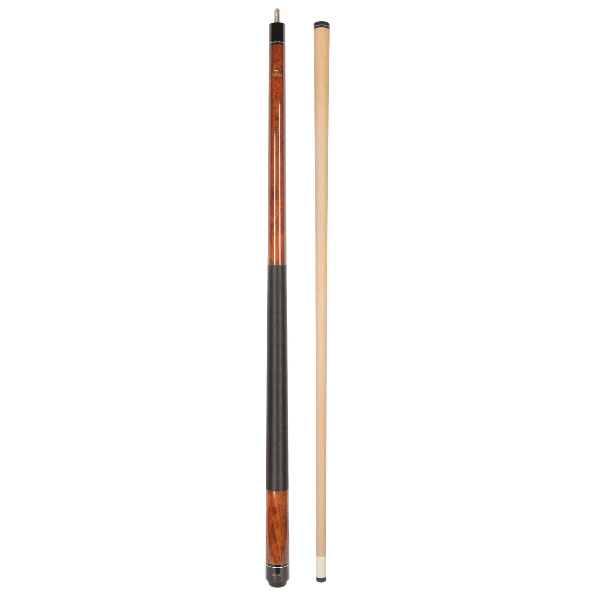 Pool cue stick featuring a brown wood design next to its shaft.