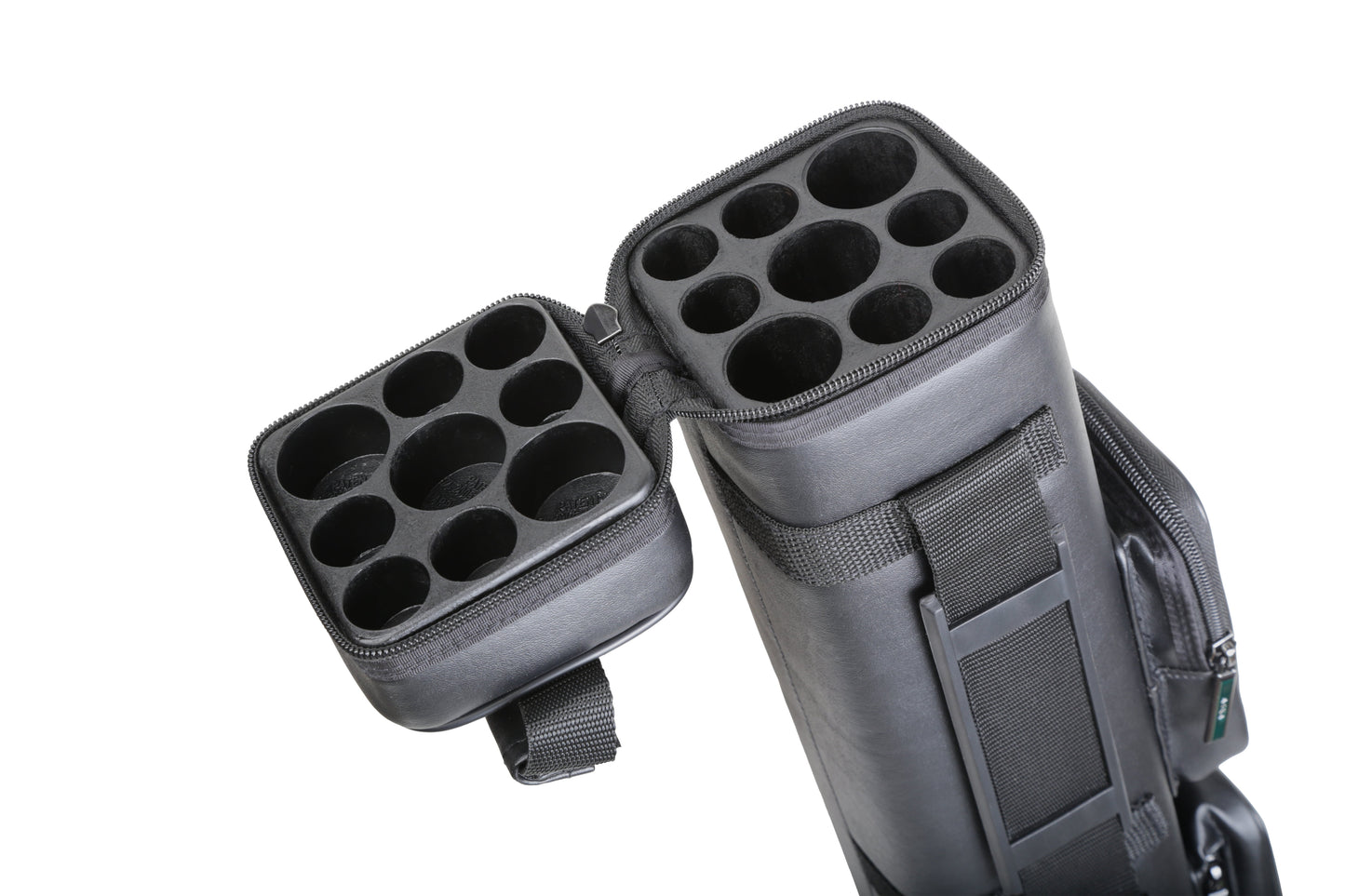 Open interior view of pool cue case showing compartments for butts and shafts.