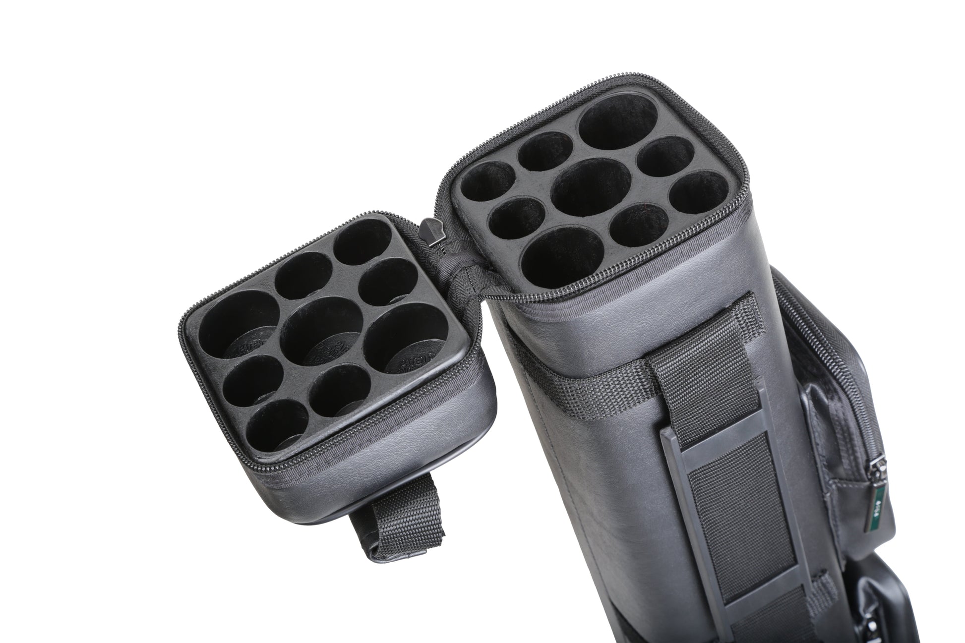 Open interior view of pool cue case showing compartments for butts and shafts.