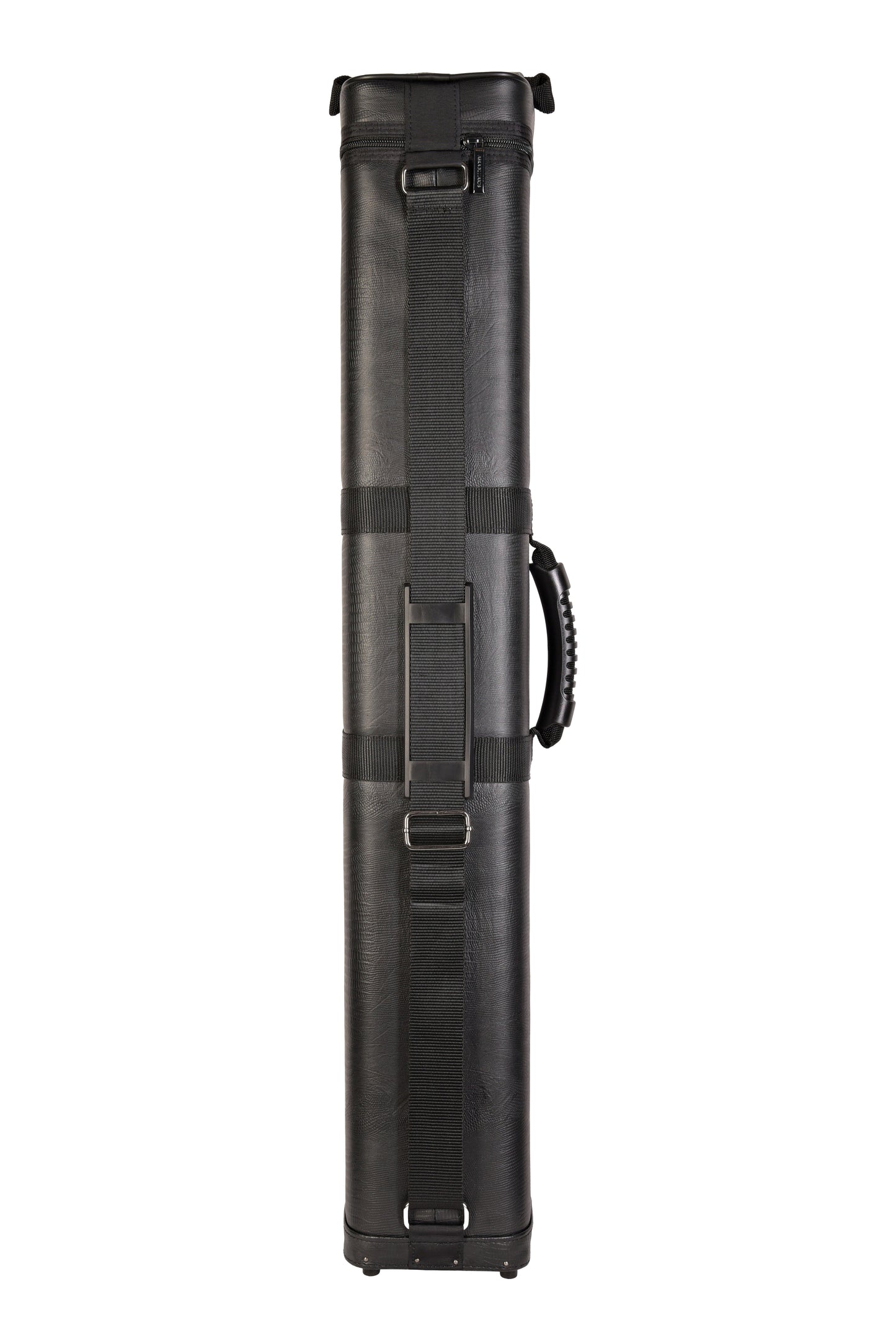 Hard cue case with straps and carrying handle, rear view