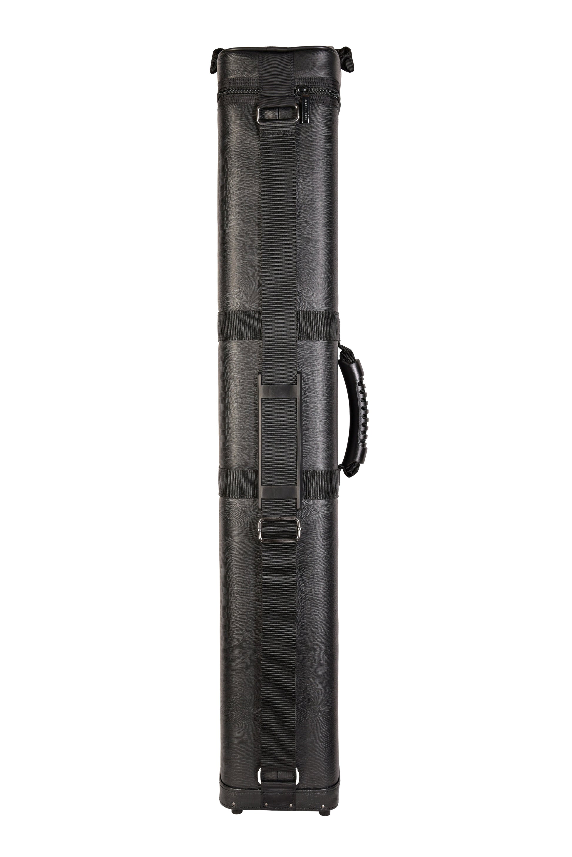 Hard cue case with straps and carrying handle, rear view
