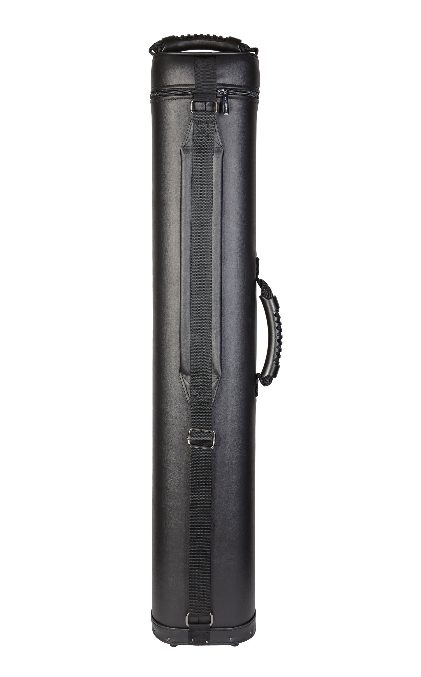Rear view of the black cue case showing a shoulder strap.