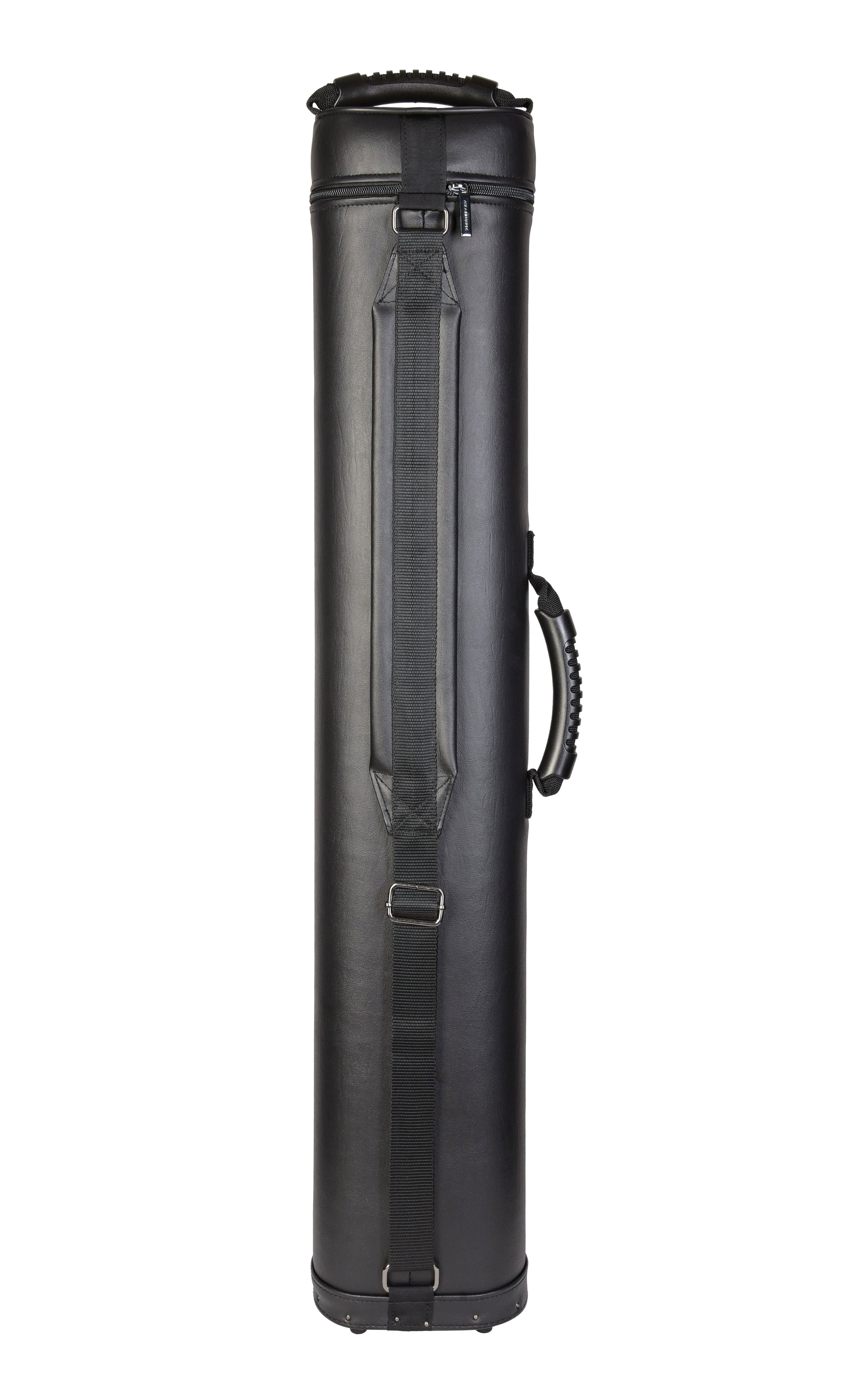 Rear view of the black cue case showing a shoulder strap.
