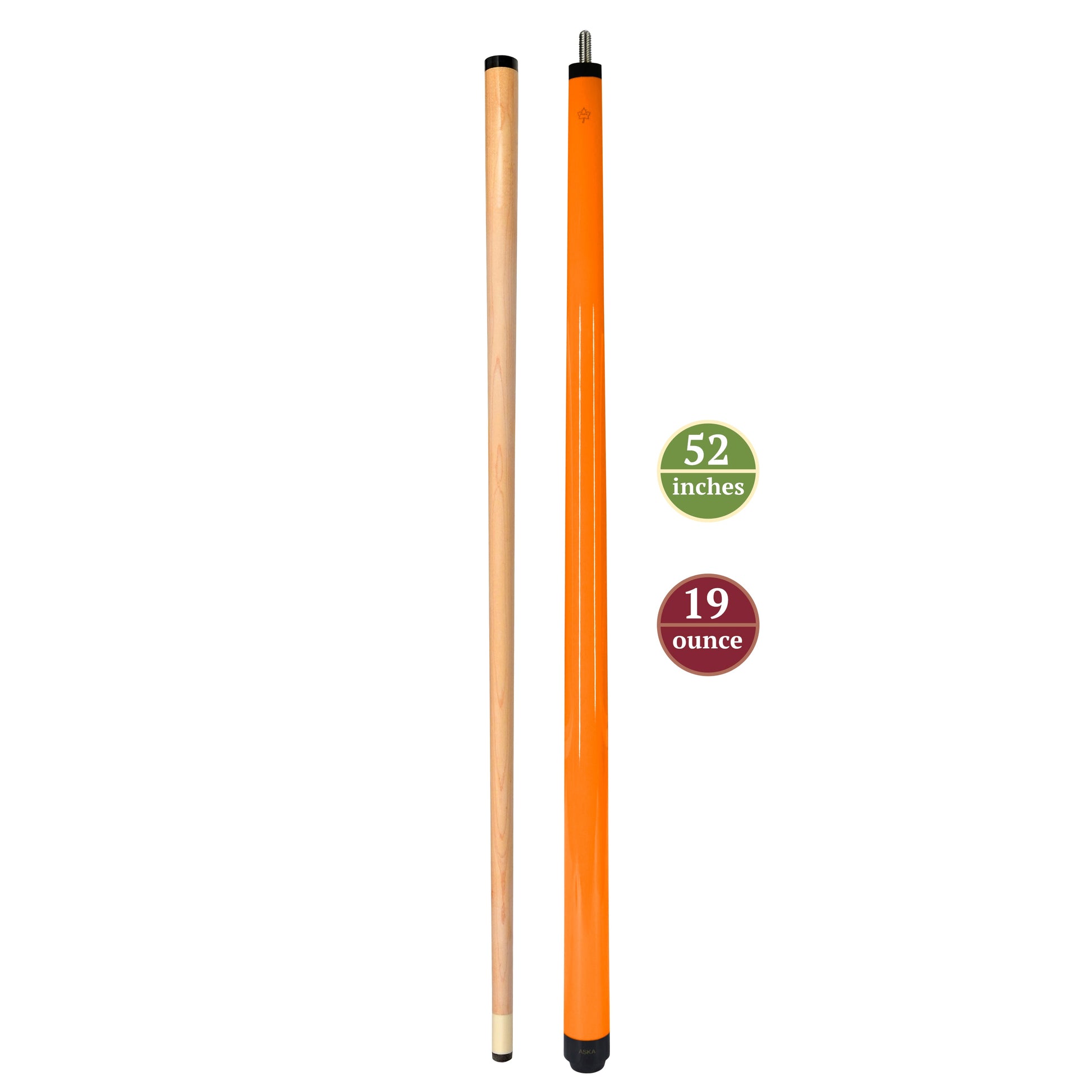 This image displays the complete pool cue and its bright orange shaft.