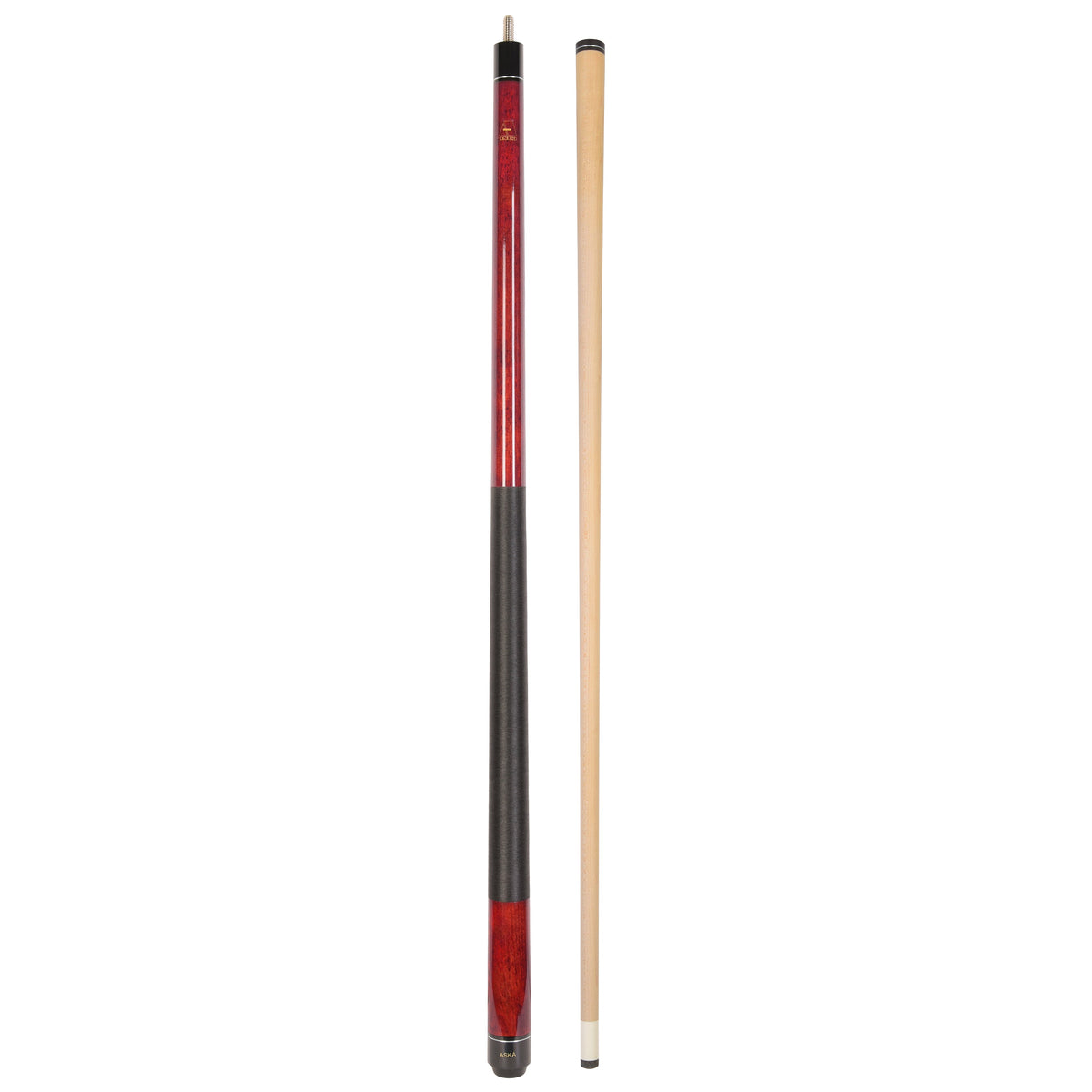 ASKA Pool Cue LEC red full view with separate shaft. LECRD