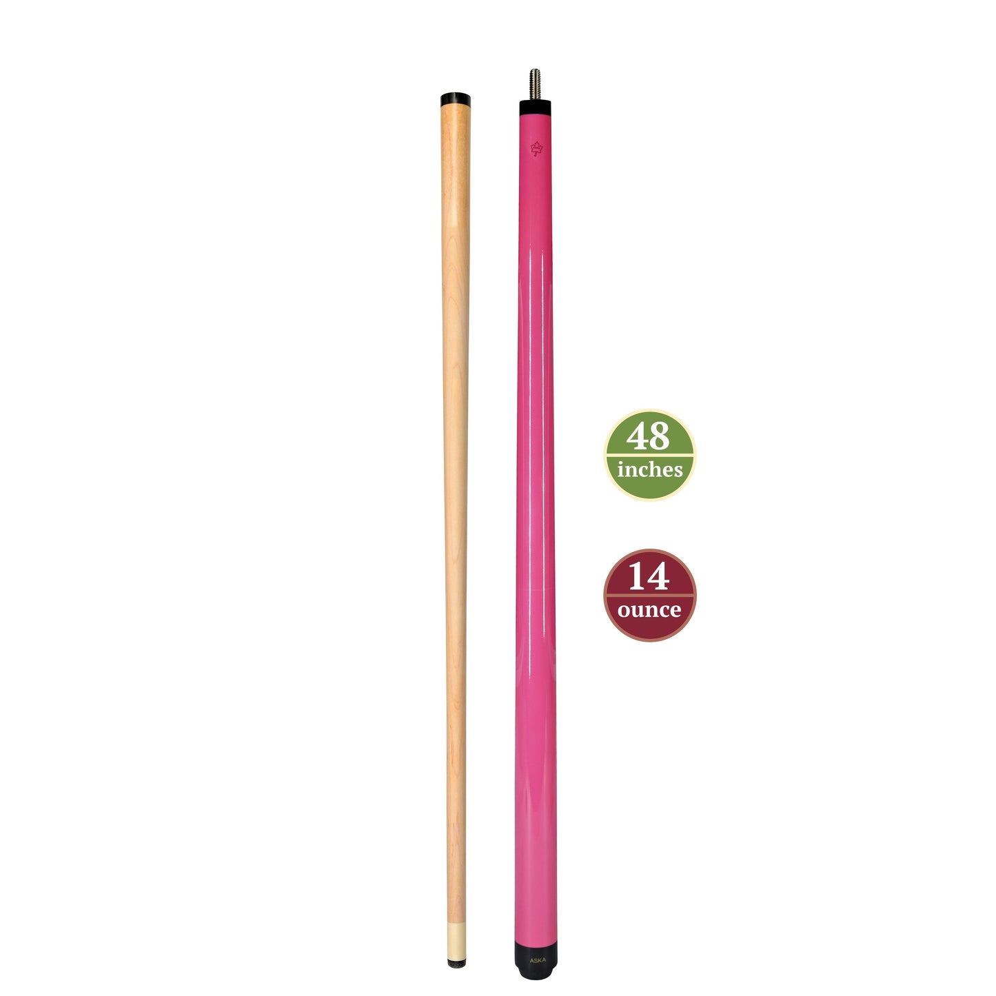 Full view of pink cue butt and maple shaft with size indicators.