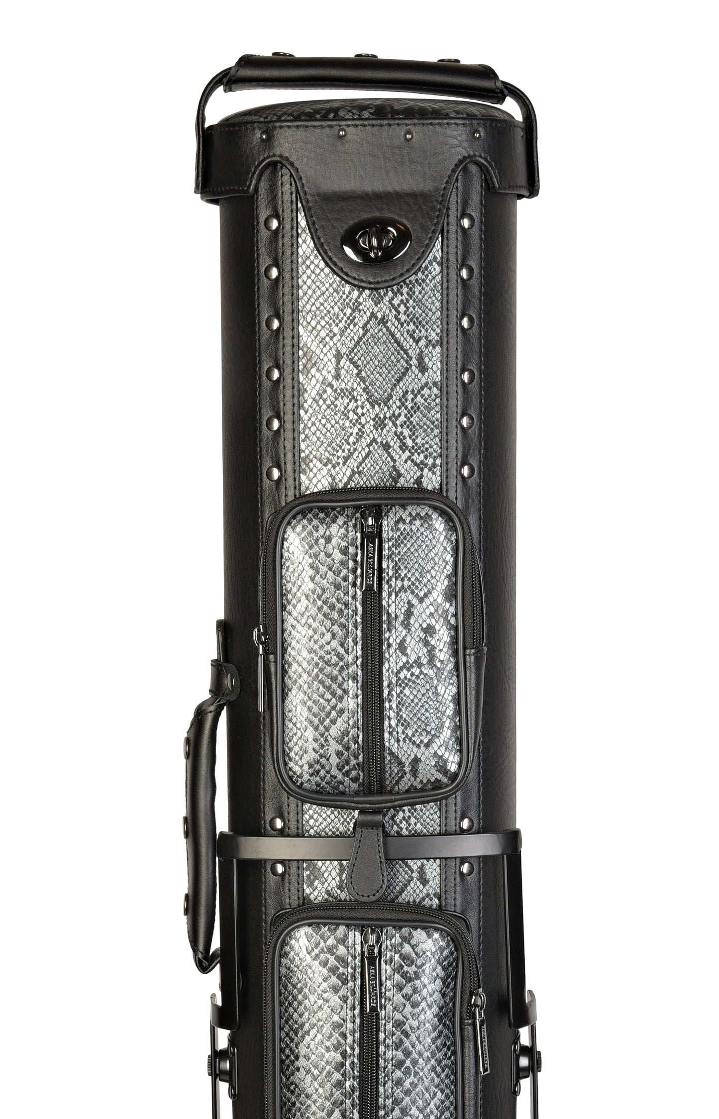 Front view of 3x5 pool cue case with snake pattern accents
