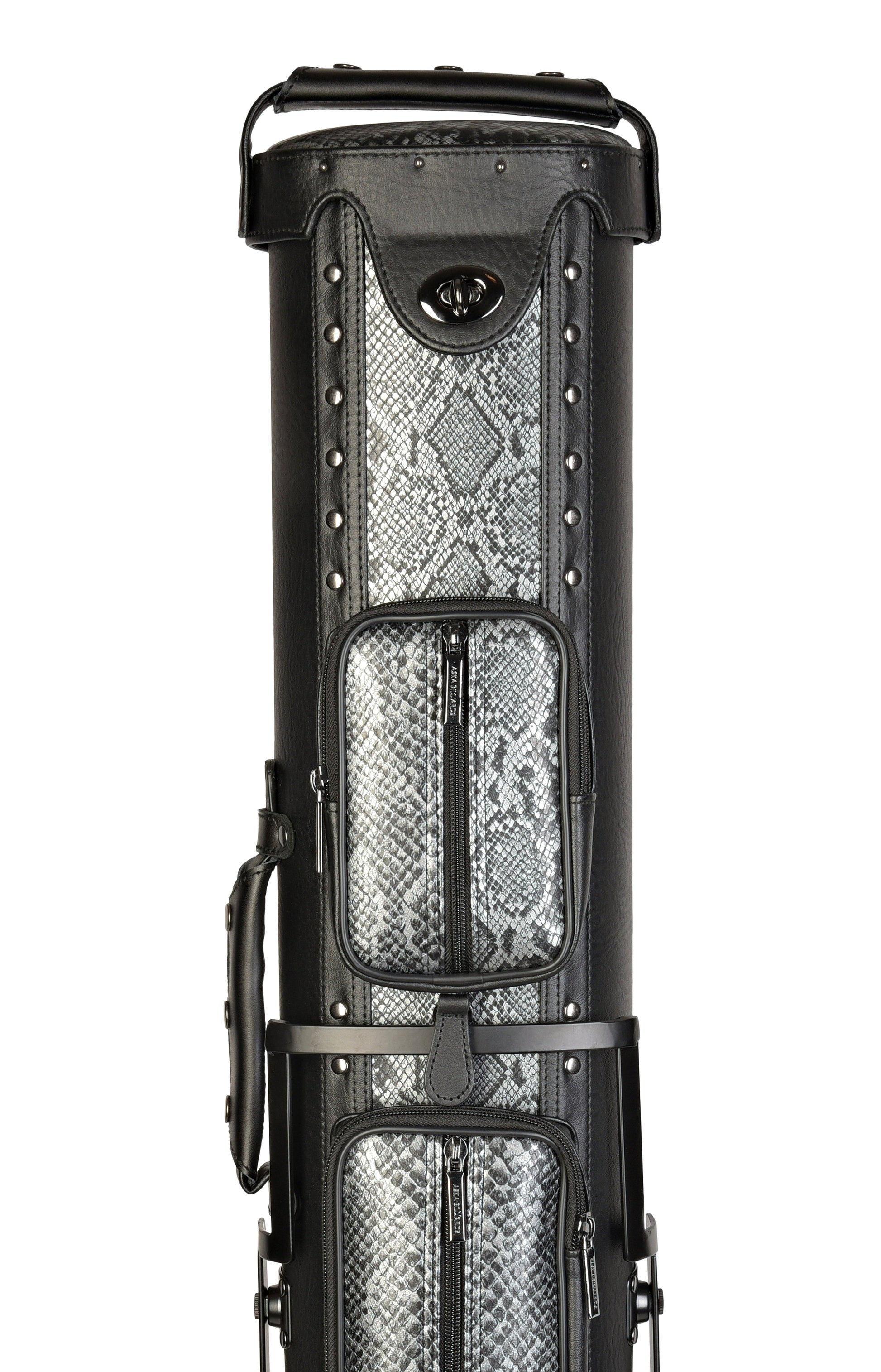 Front view of 3x5 pool cue case with snake pattern accents