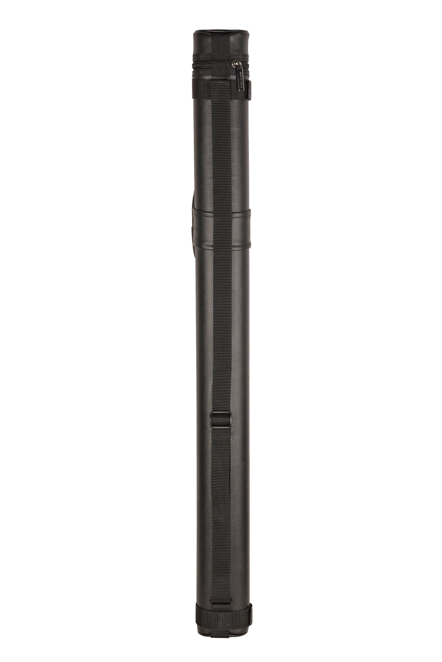 Profile view of a black 1x1 billiard cue case with straps.