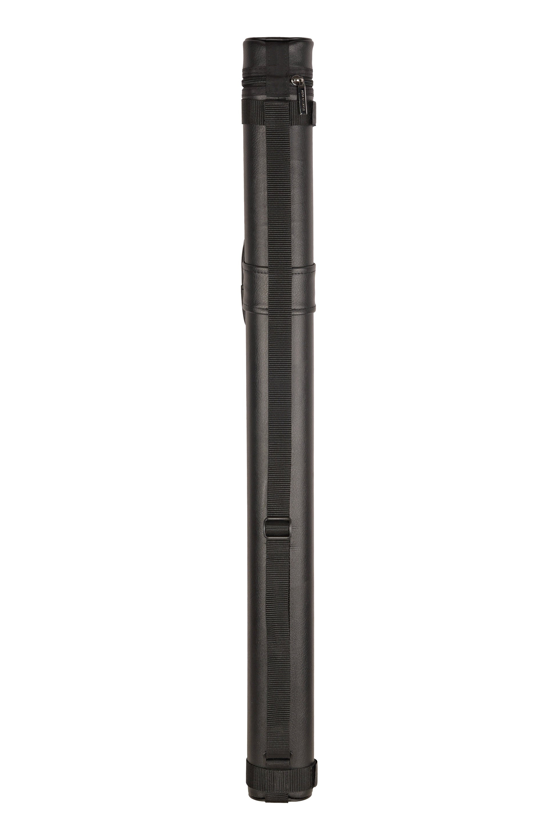 Profile view of a black 1x1 billiard cue case with straps.