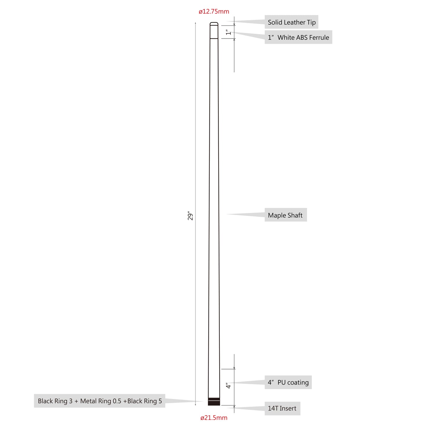 Infographic showing XS14 cue shaft dimensions and components.
