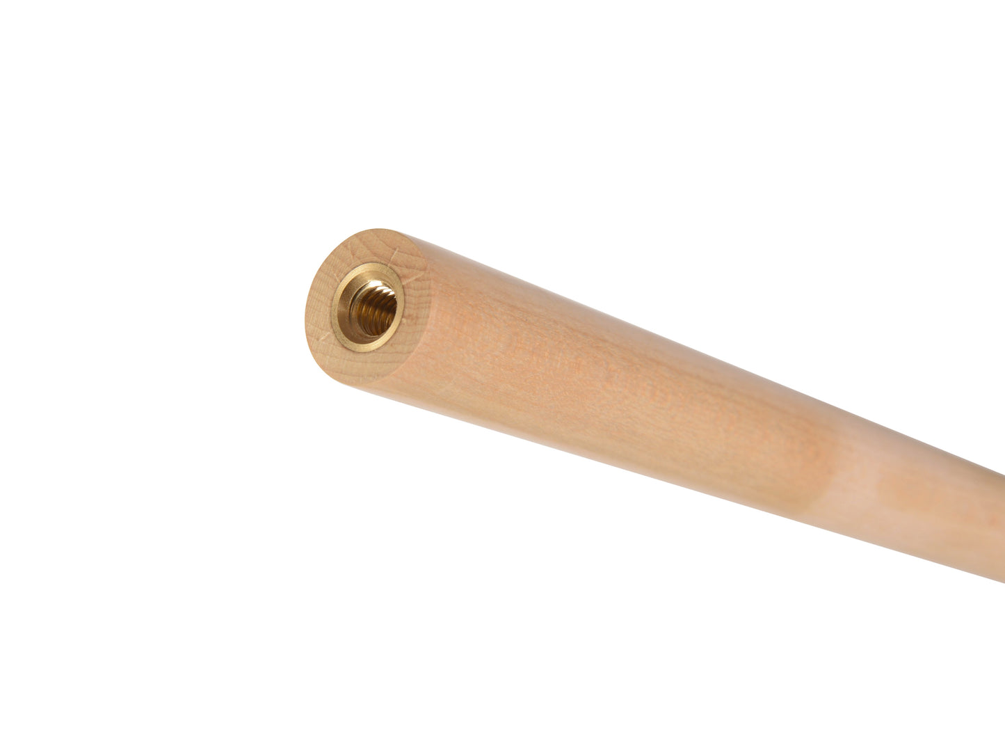 Pool cue shaft threaded joint detail, angled view.