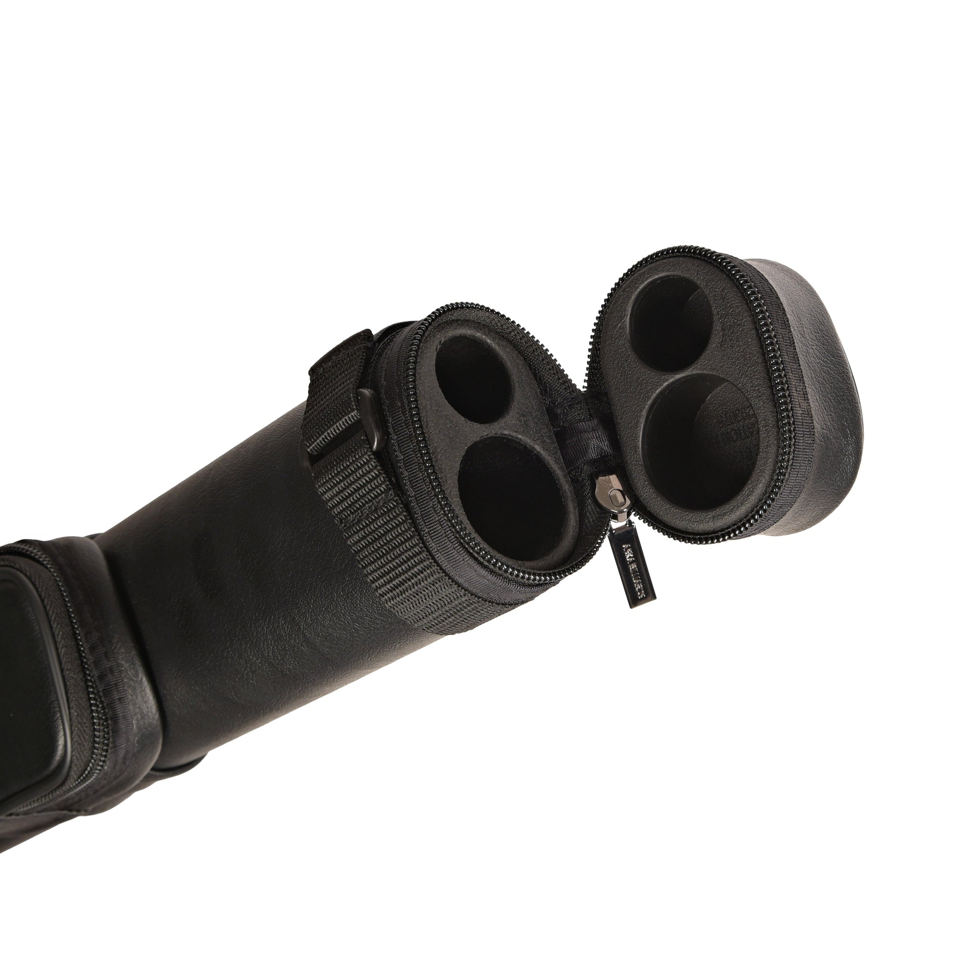 Open interior view of a billiard cue case showing four compartments.