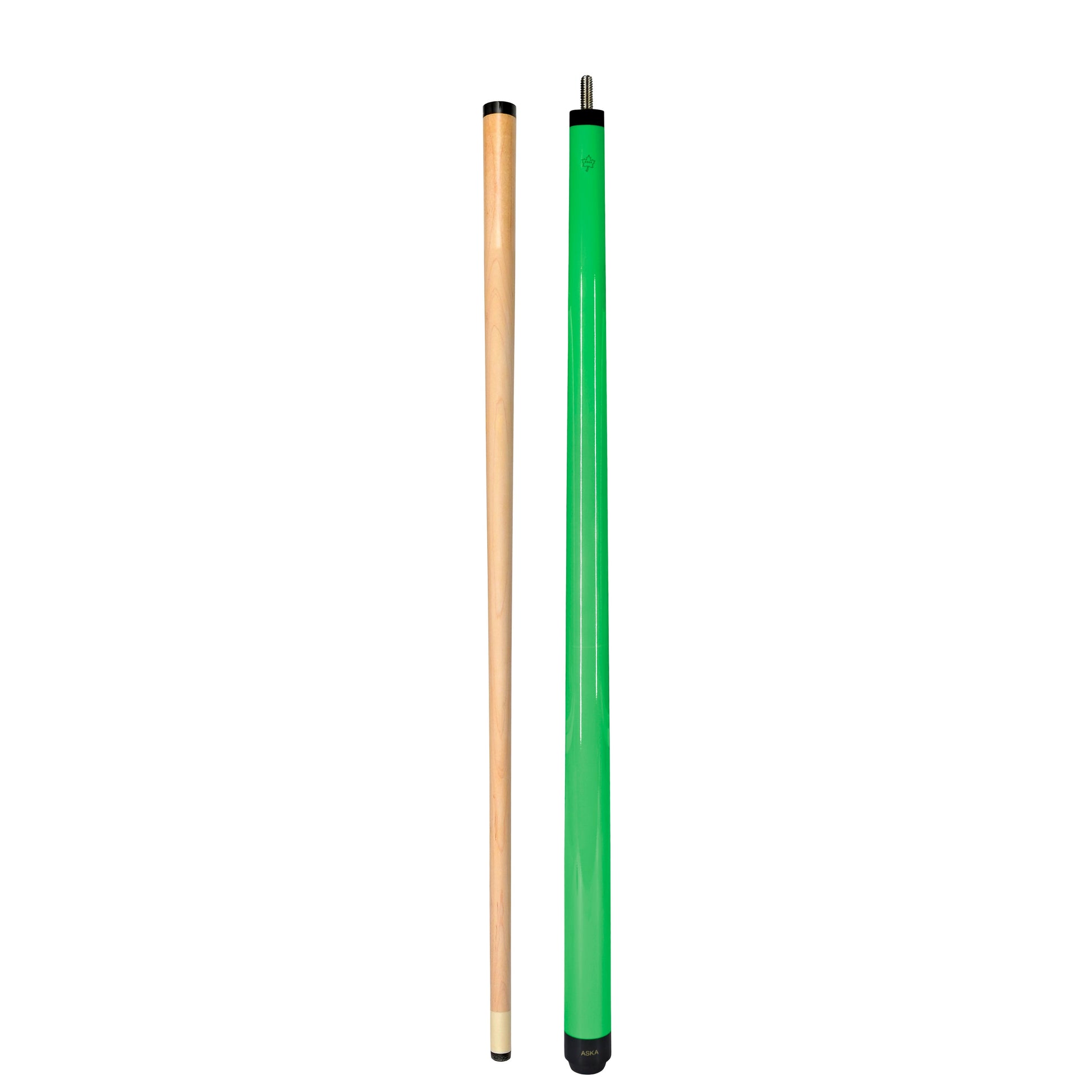 Two-piece pool cue and shaft displayed side-by-side.