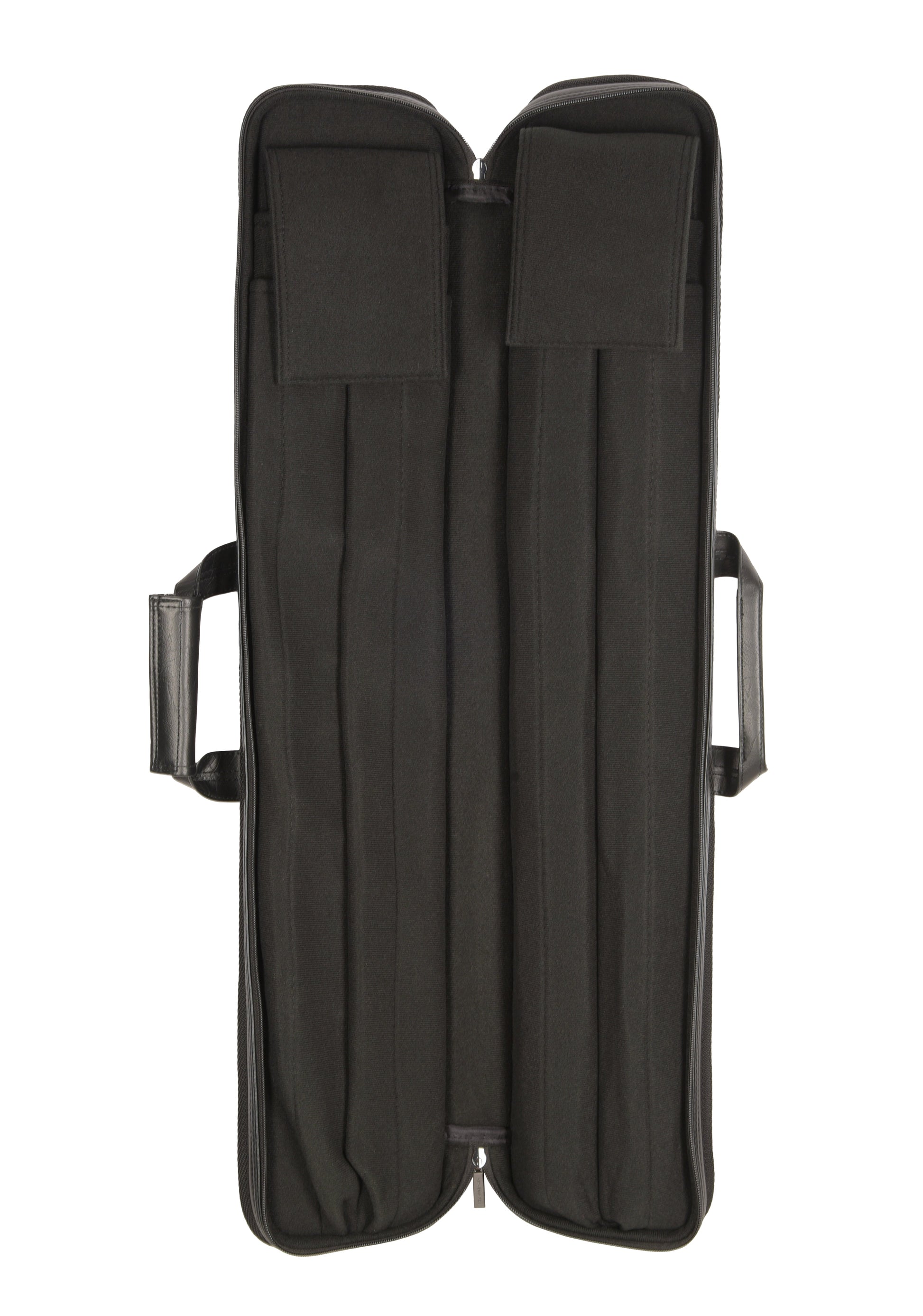 Open interior view of the cue case showing divided compartments