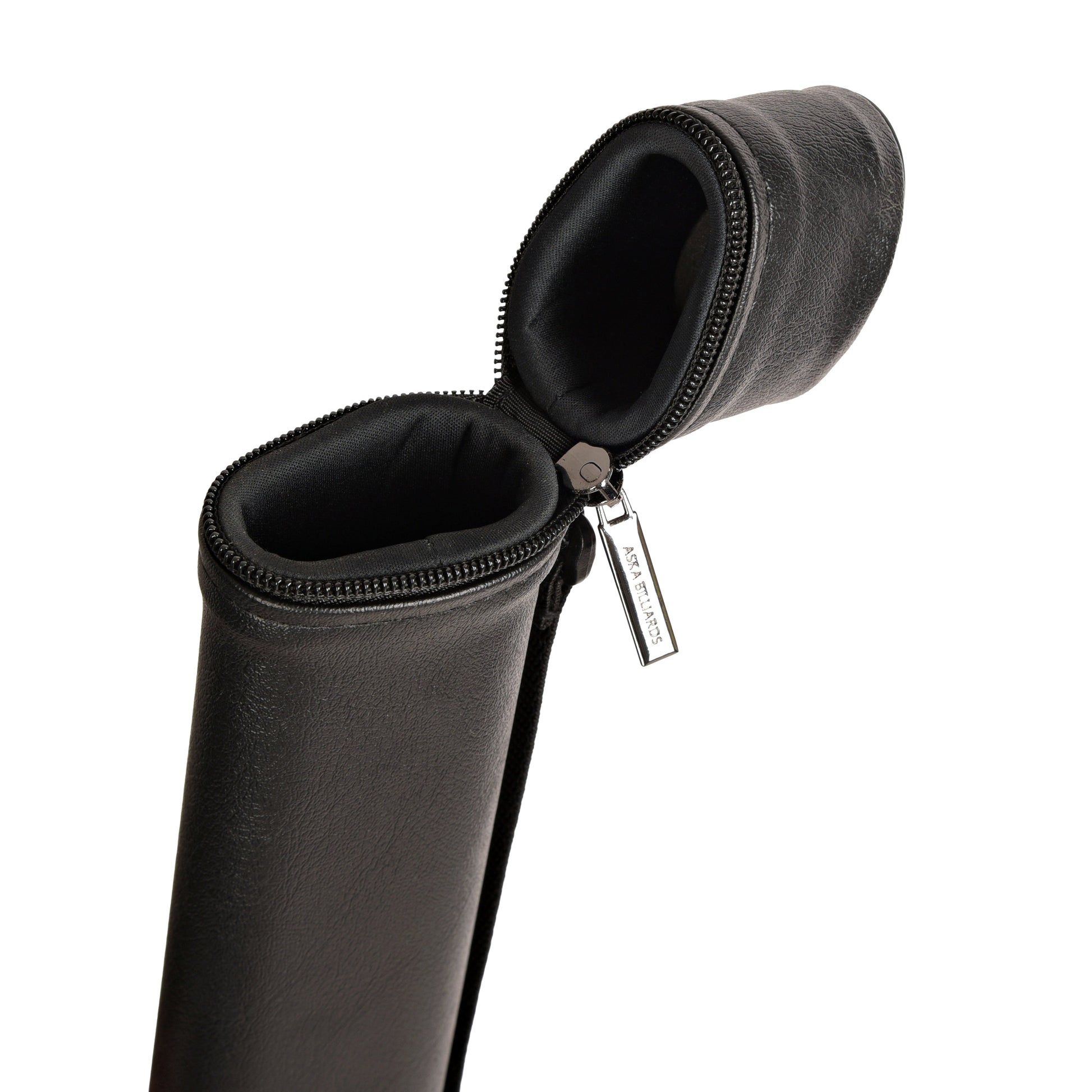 Open interior view of the cue case, revealing padded compartment and zipper.