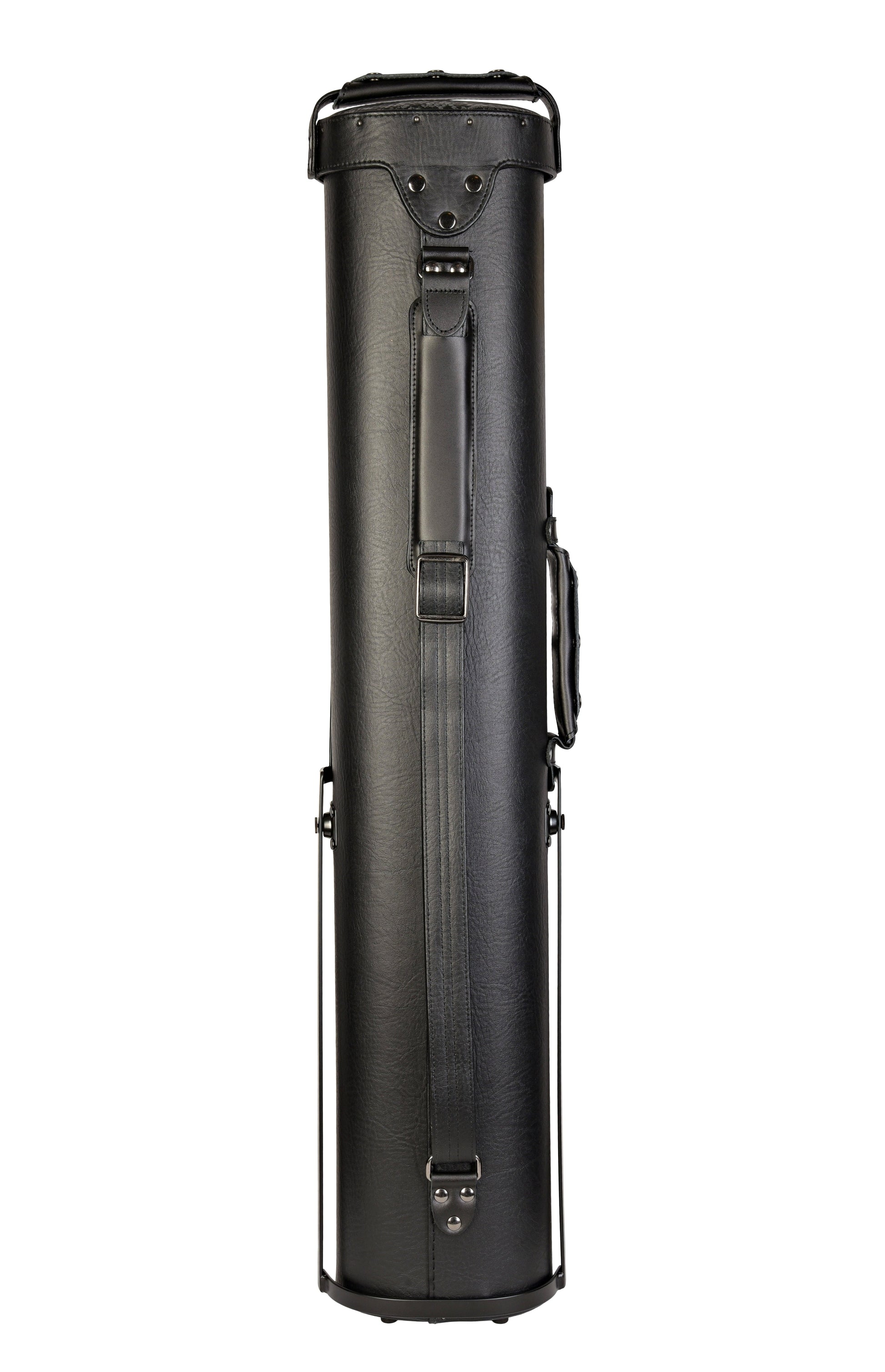Rear view of the black hard pool cue case, showcasing straps.