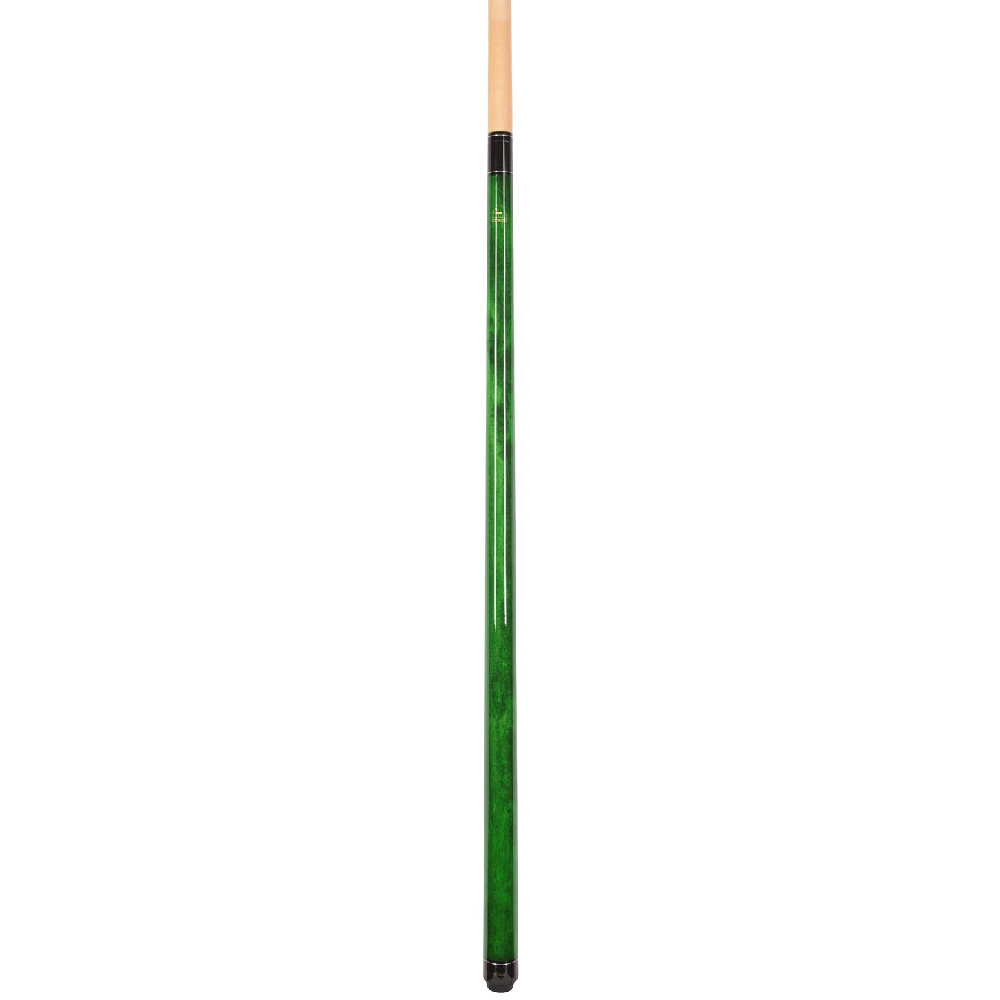 Profile view of the emerald green pool cue shaft.