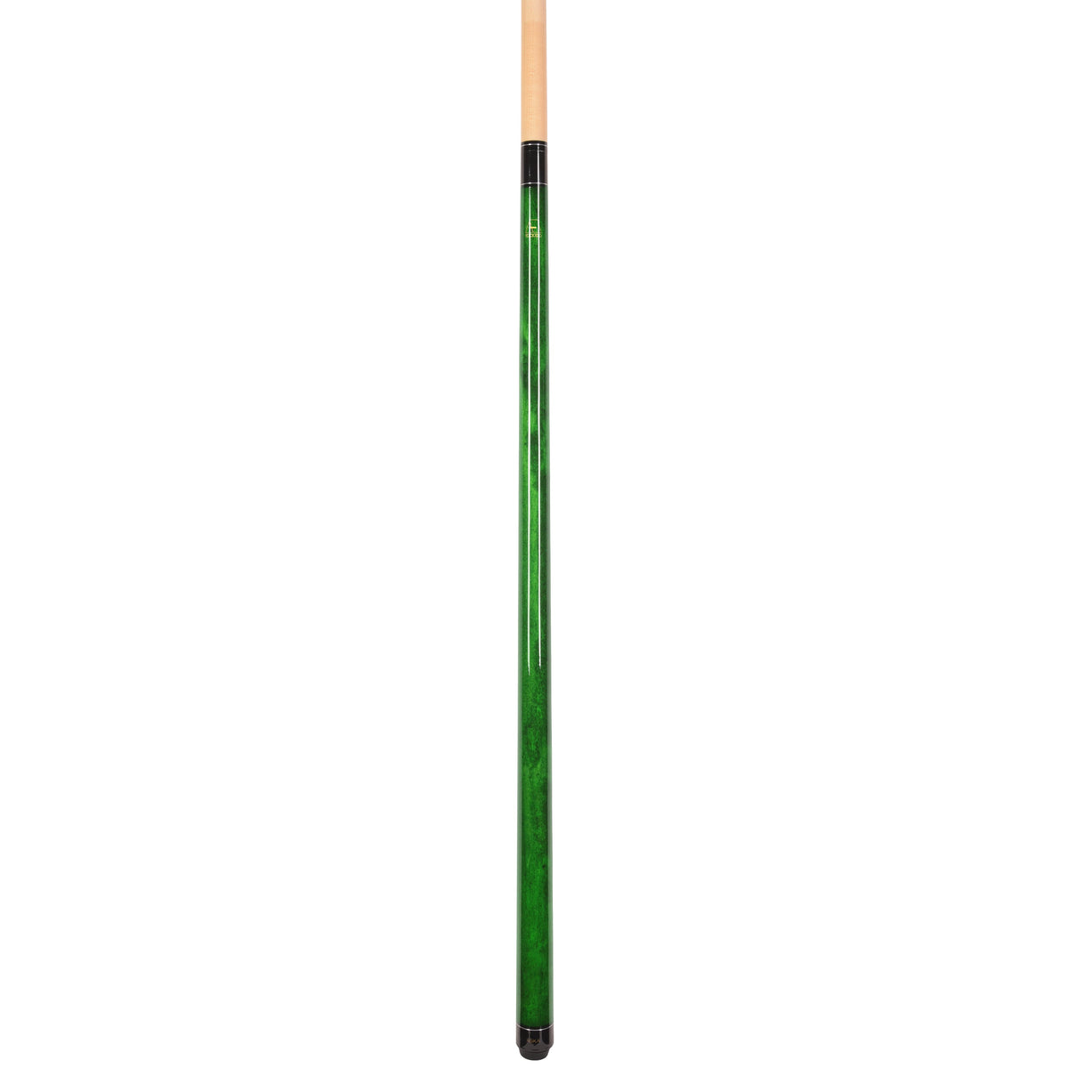 Profile view of the emerald green pool cue shaft.