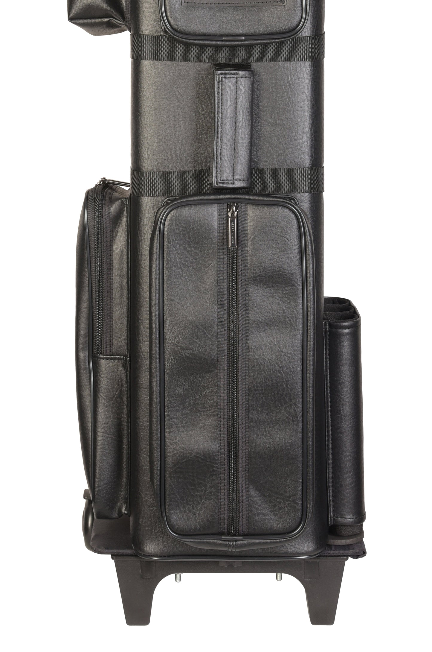 Detailed view of the lower front pockets and cylindrical holders on the case.