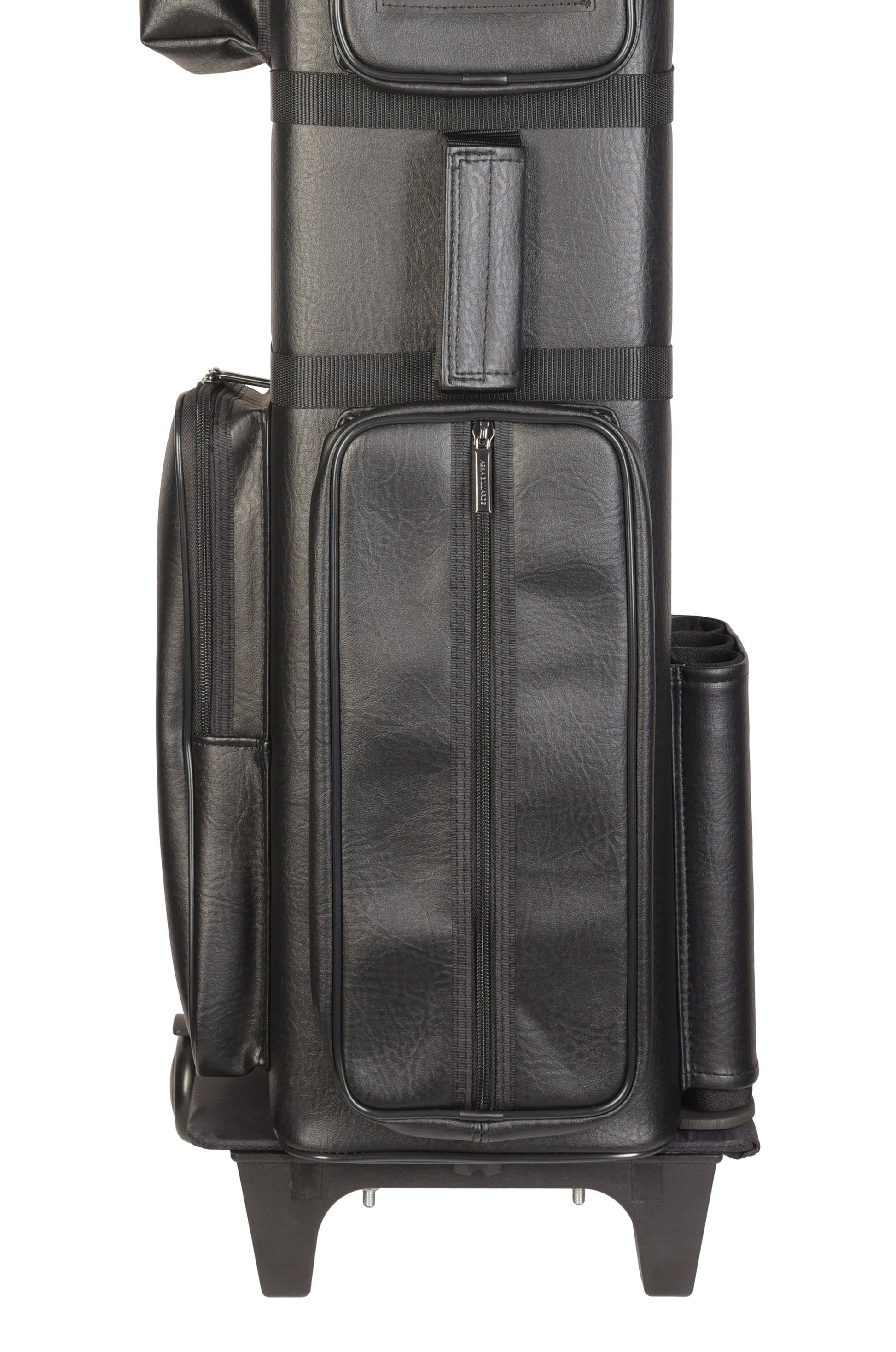 Detailed view of the lower front pockets and cylindrical holders on the case.