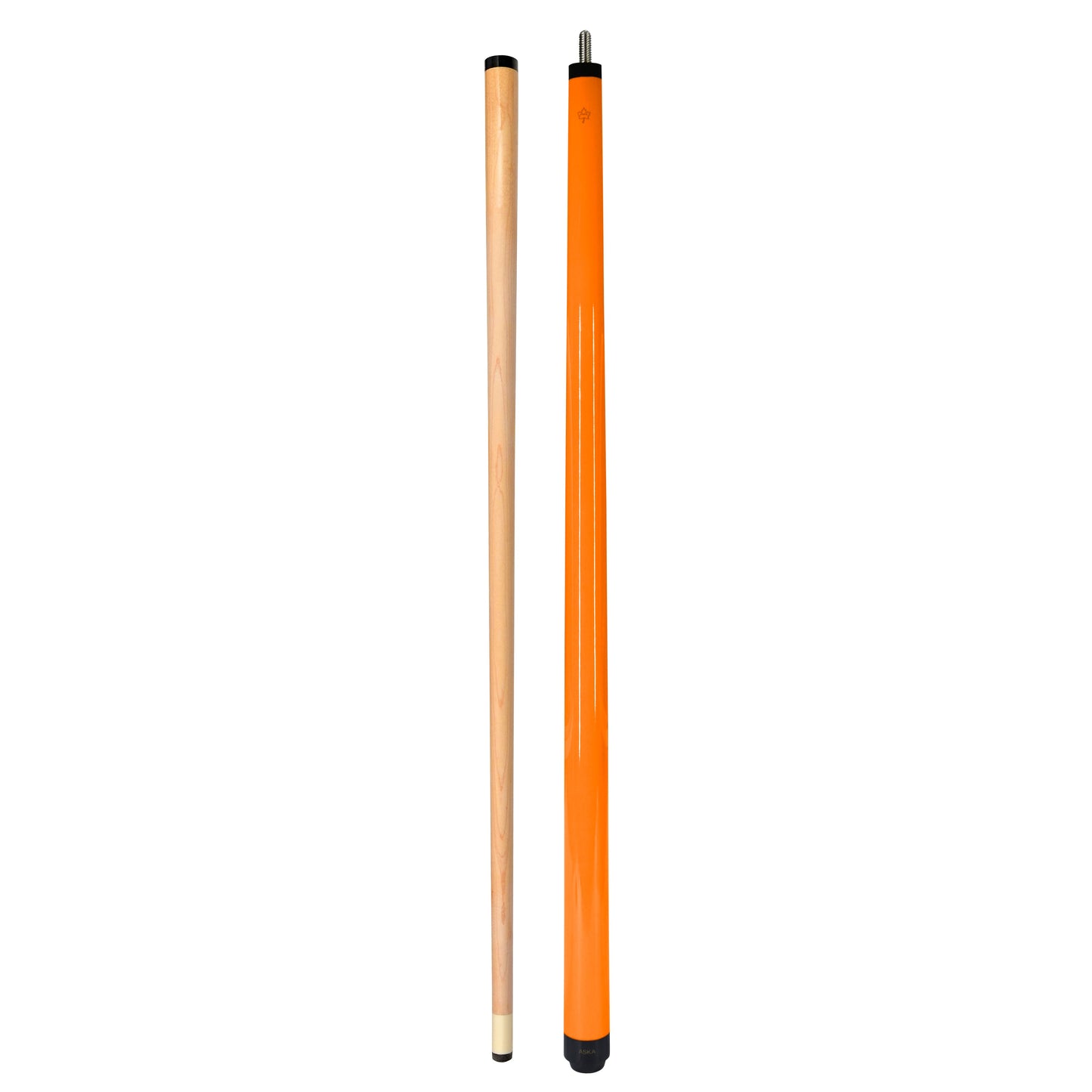 A full view of the pool cue with its separate shaft and butt sections.