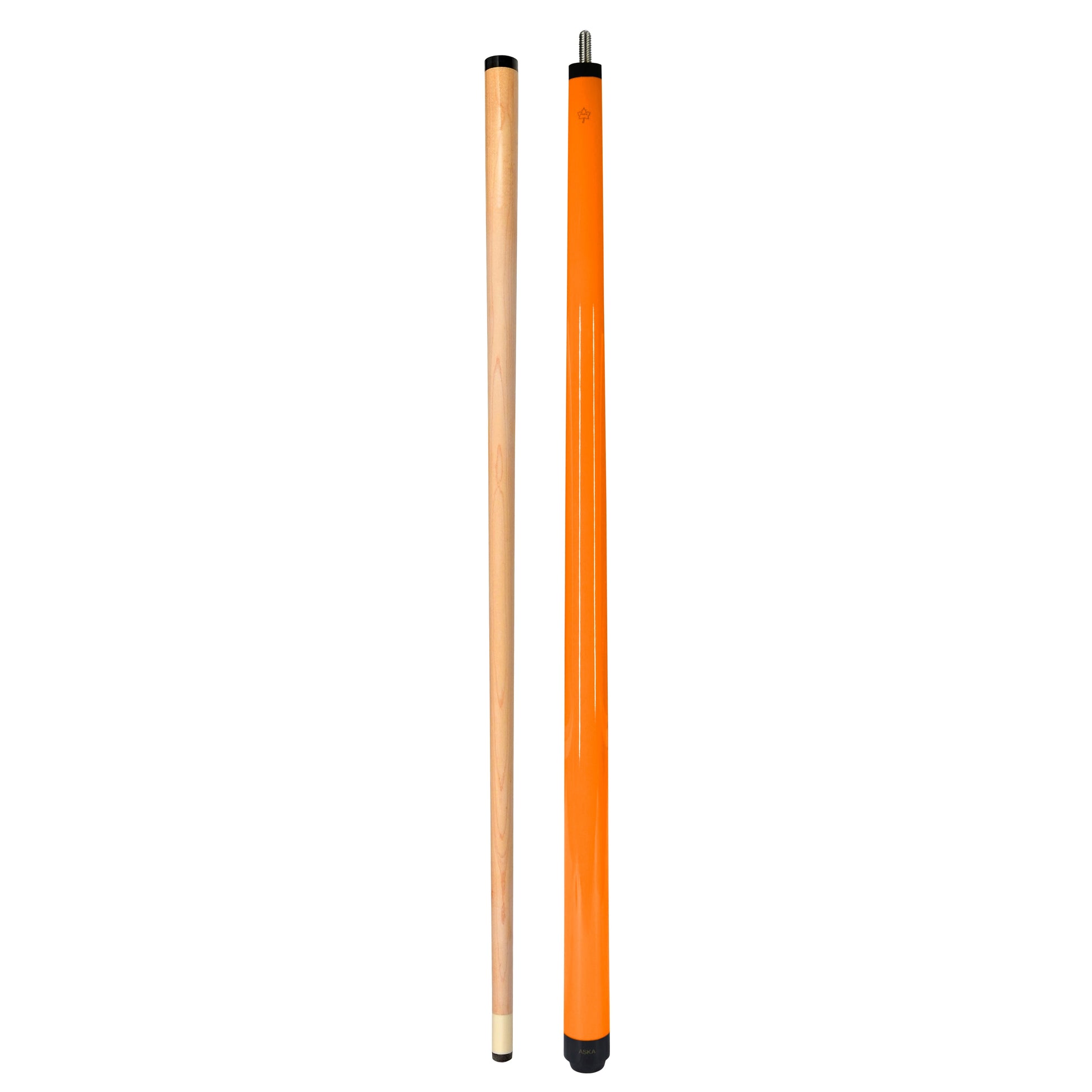 A full view of the pool cue with its separate shaft and butt sections.