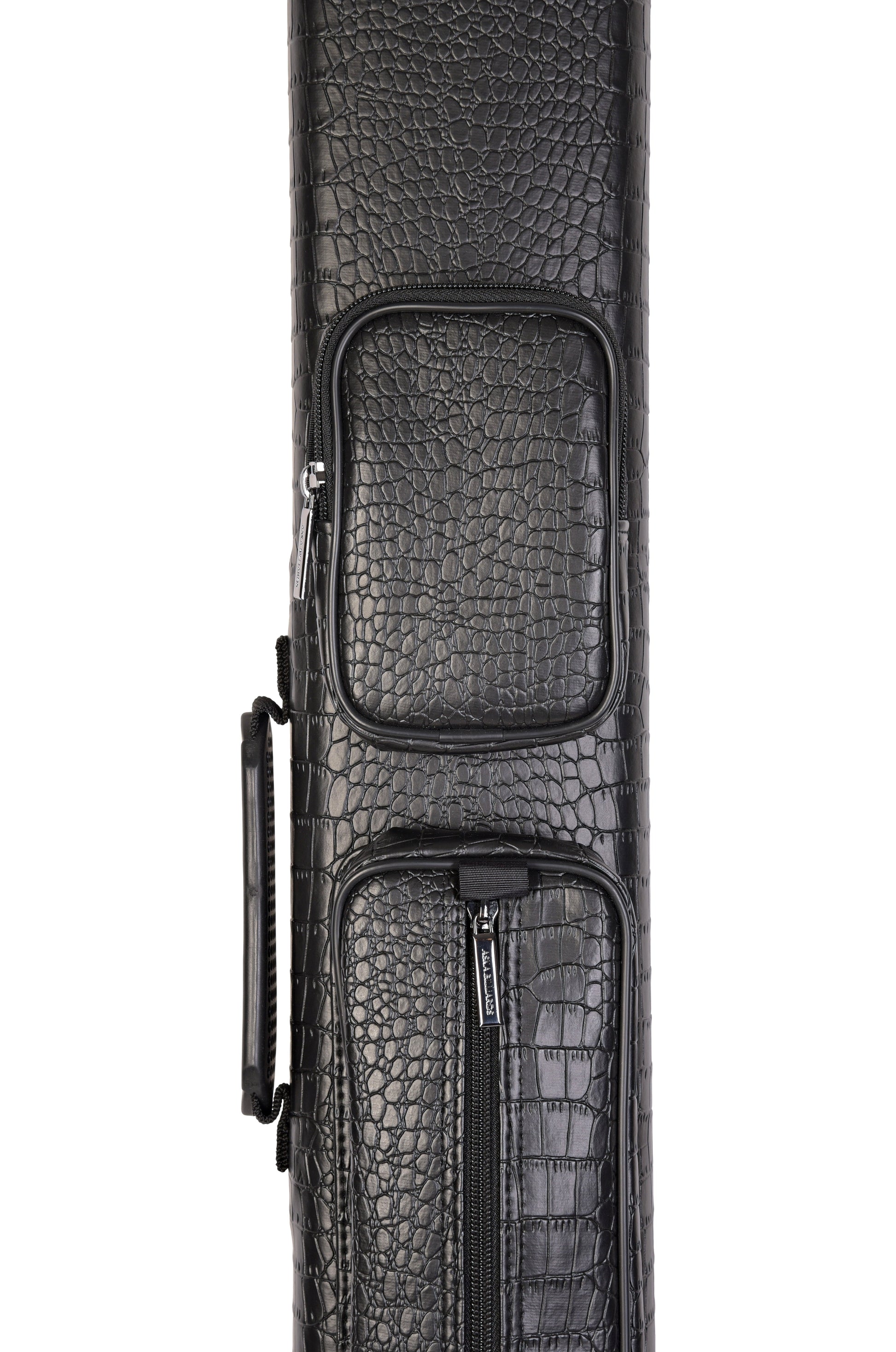 Close-up of the front pockets and handle of the textured cue case.