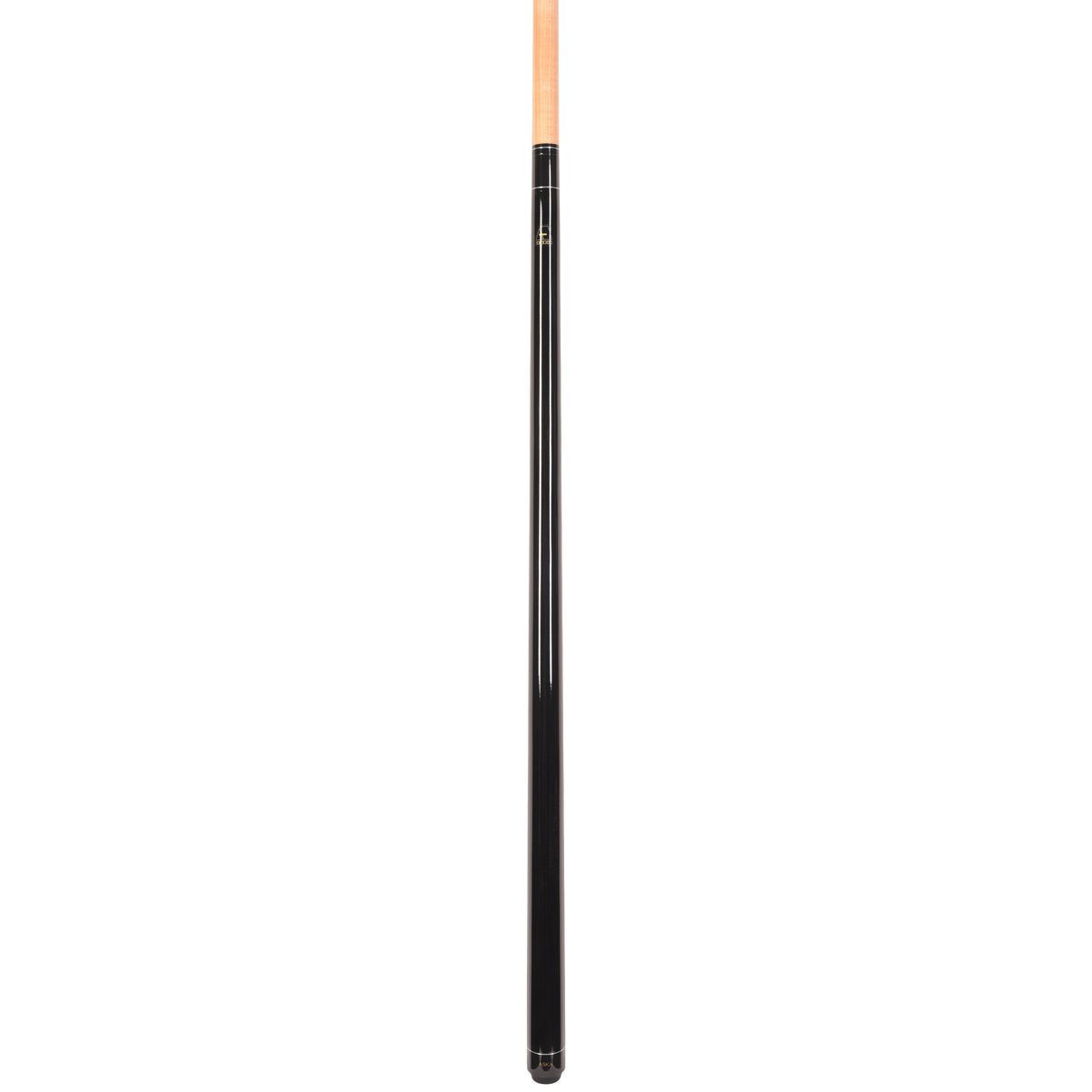 Profile view of the black pool cue shaft.