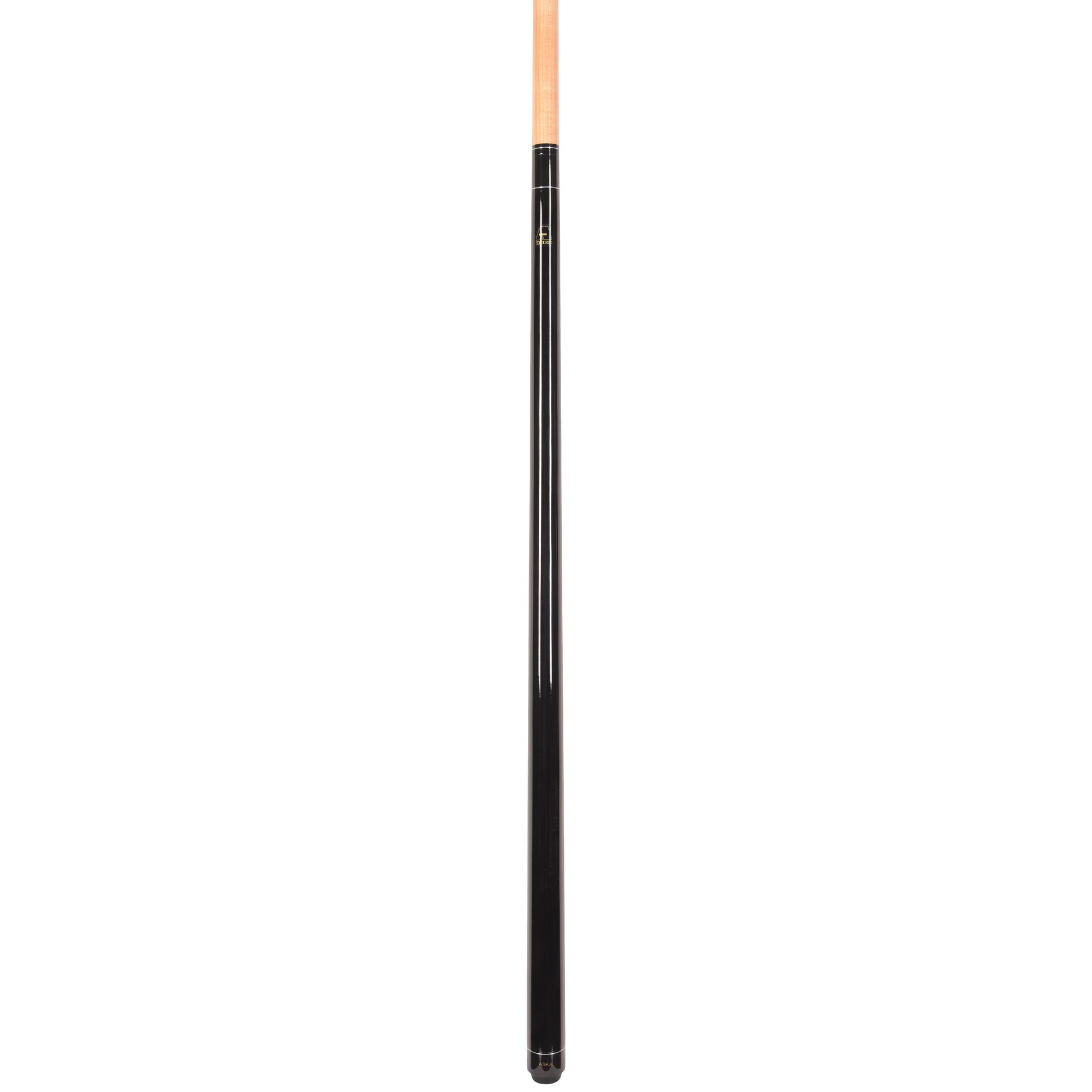Profile view of the black pool cue shaft.