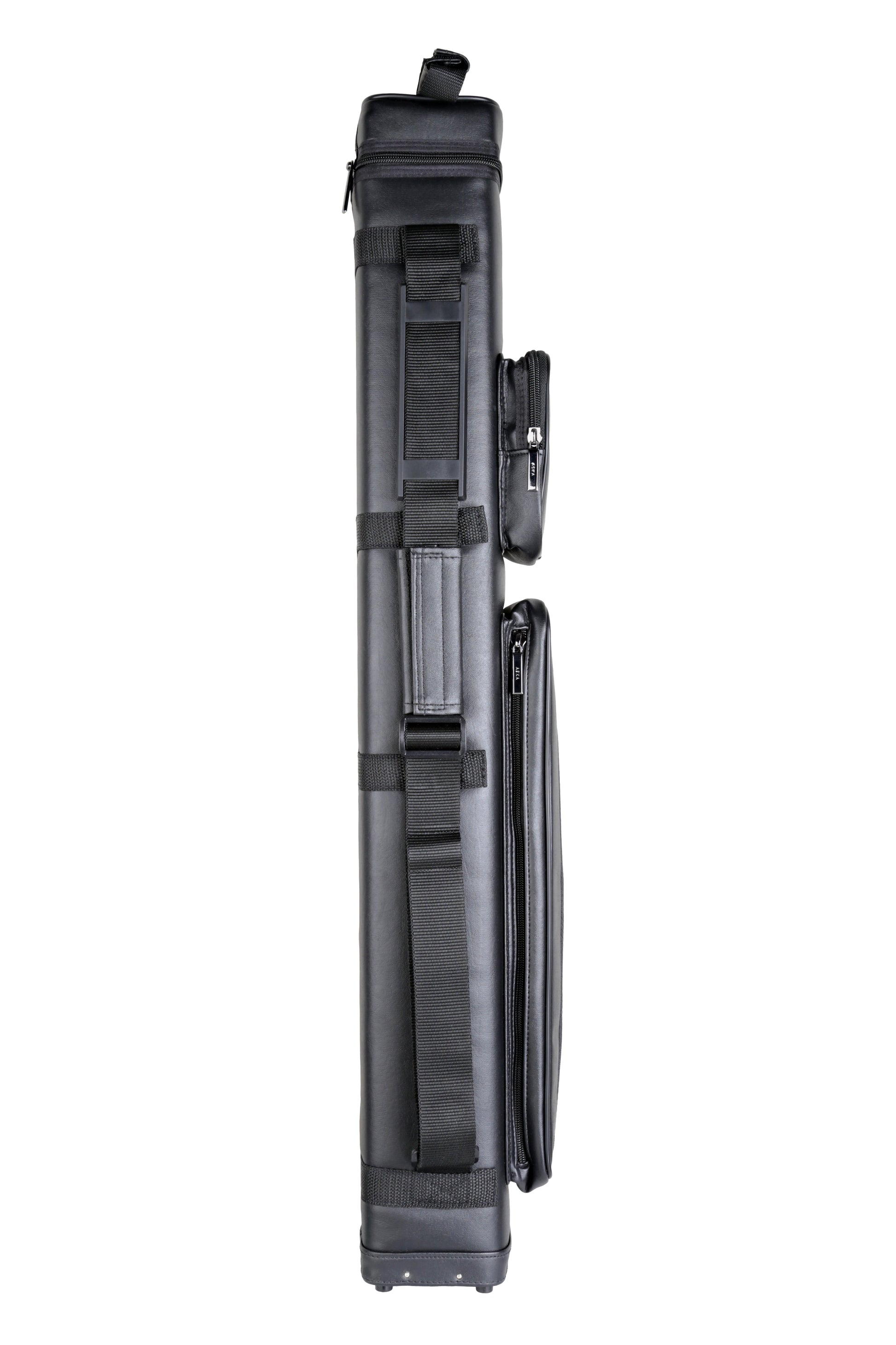 Angled side view of black billiard cue case with strap.