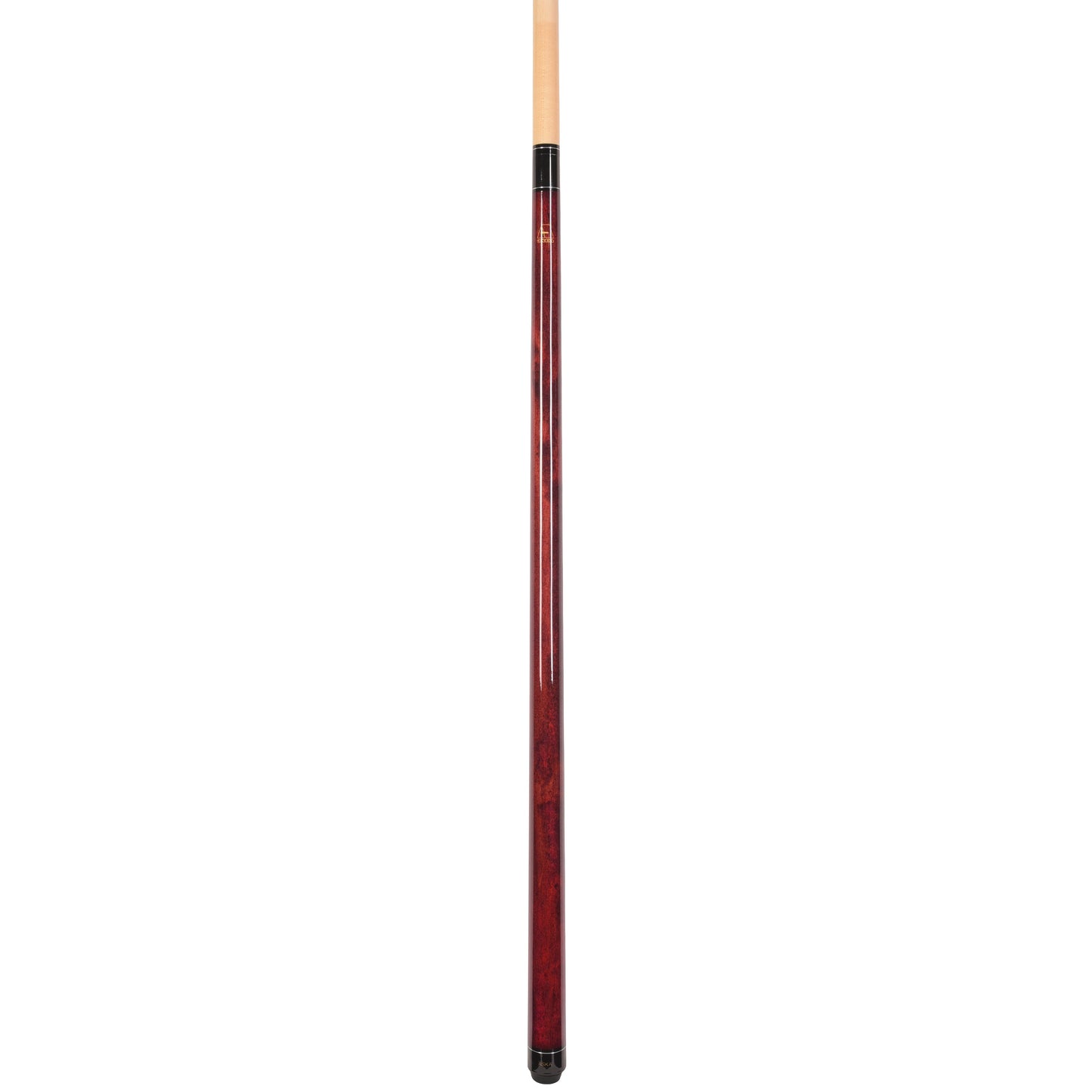 Profile view of the burgundy pool cue shaft.