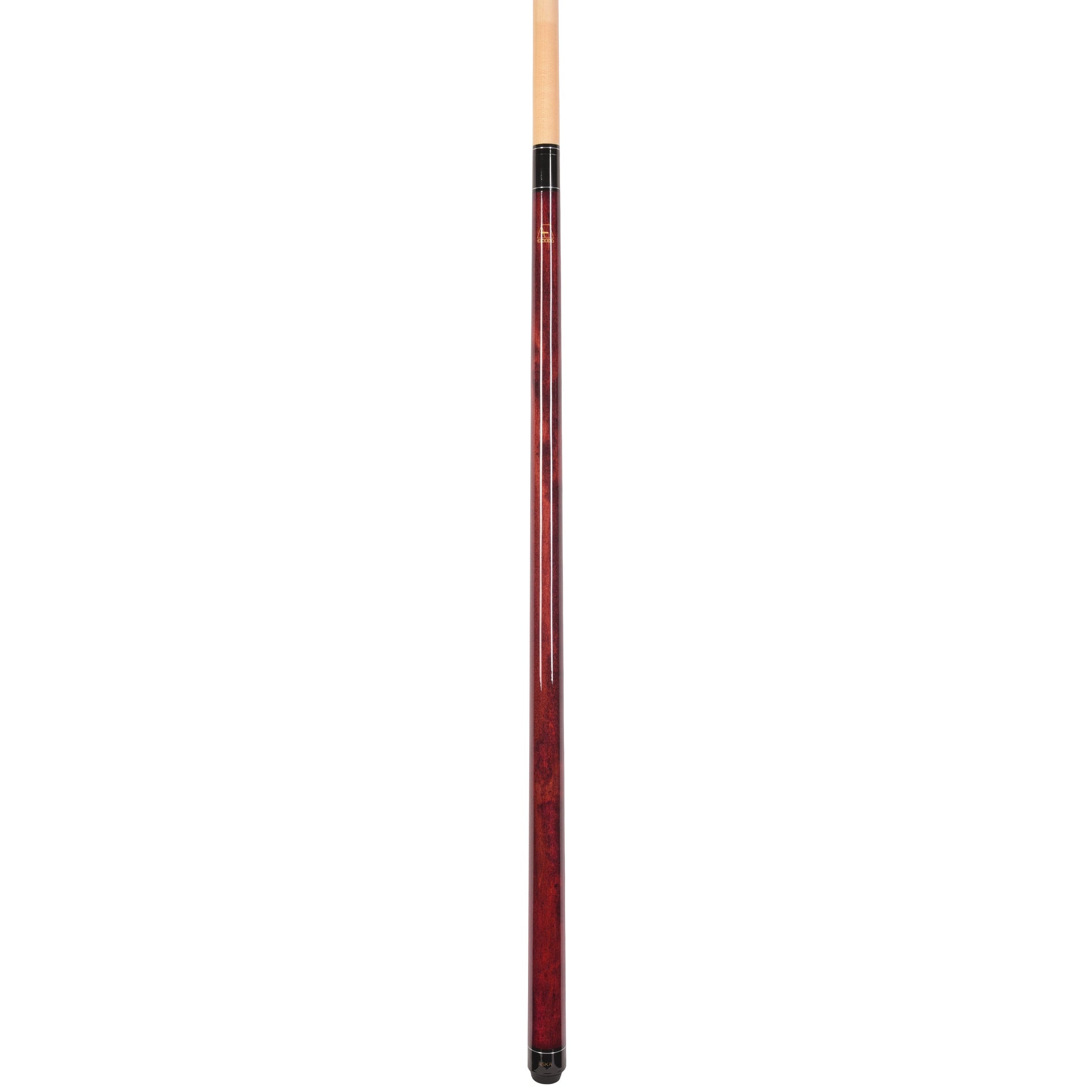 Profile view of the burgundy pool cue shaft.