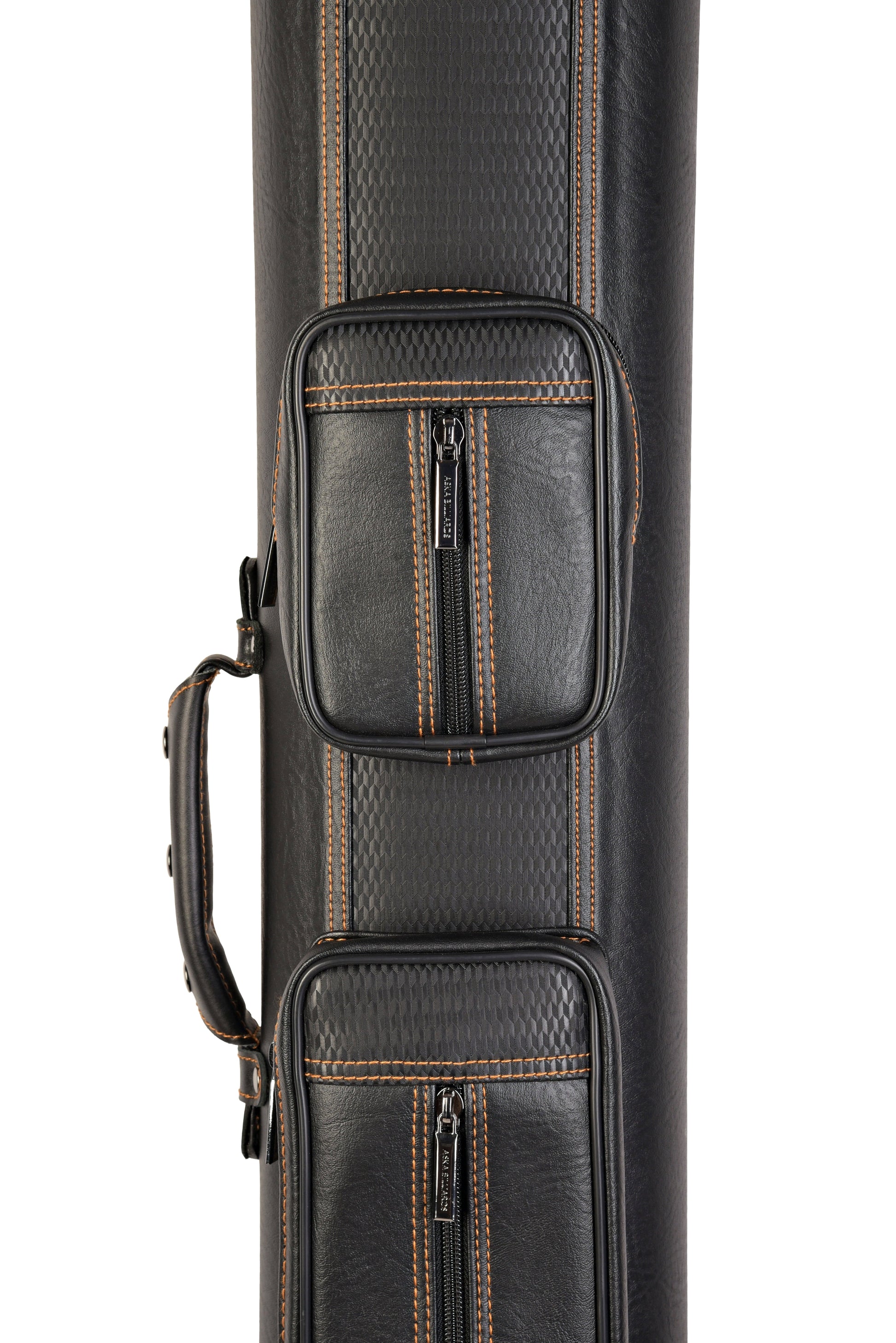 Close-up of the dual zippered pockets on the cue case.