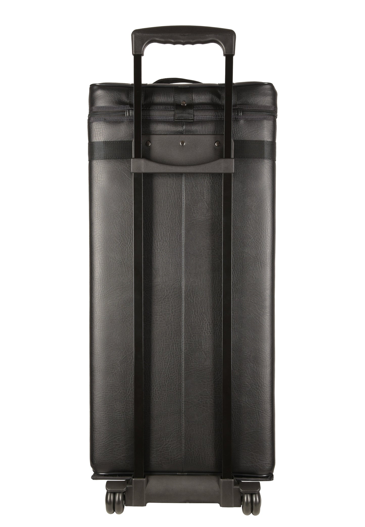Close-up of the telescoping handle and wheels on the case.