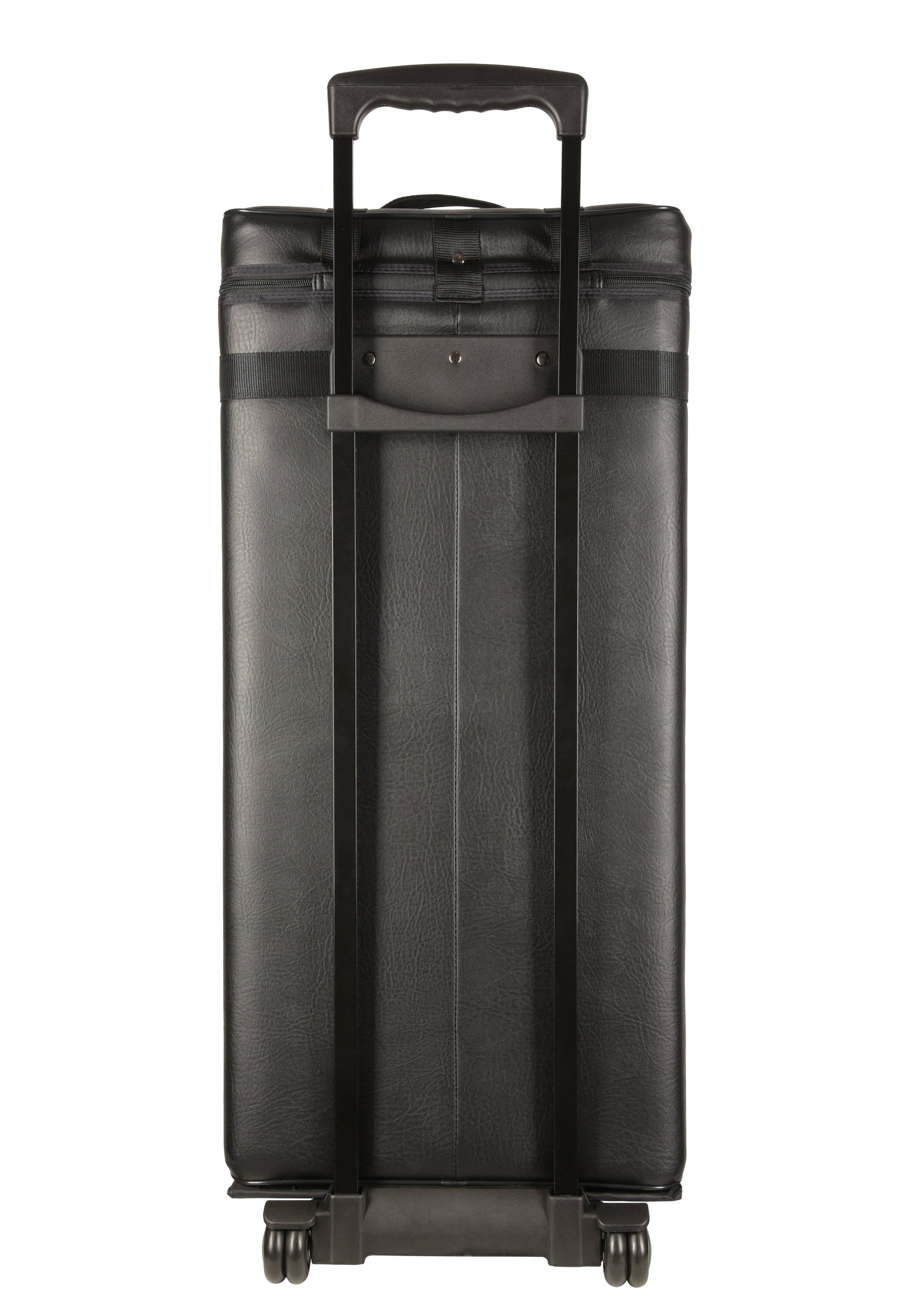 Close-up of the telescoping handle and wheels on the case.