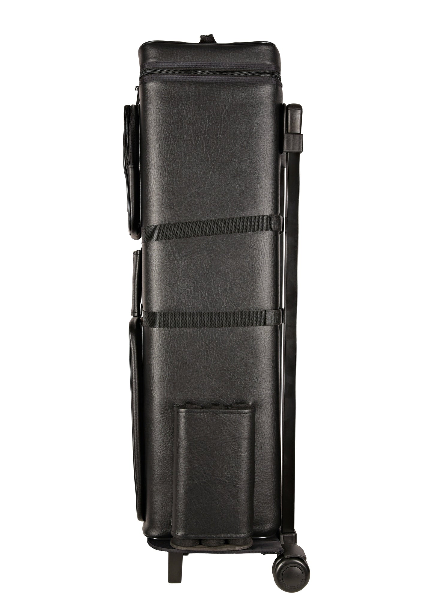 Side view of cue case highlighting zippered pocket details